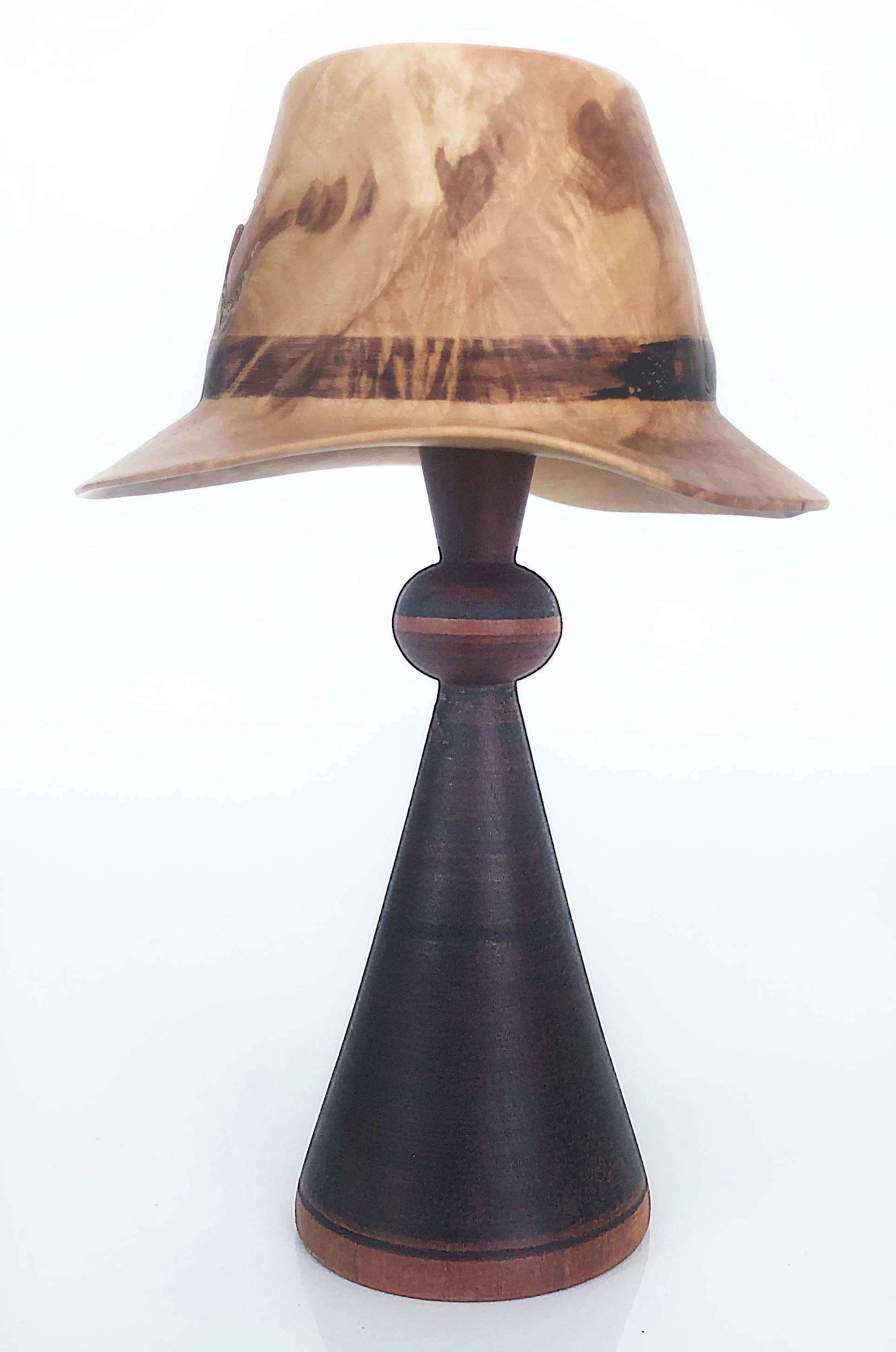 Johannes Michelsen turned pair of wood Hats on stands, signed and dated 

 Offered for sale is a pair of miniature Johannes Michelsen American studio wood-turned hats on stands. The handcrafted wood hats rest on the artist's hand-made turned wood