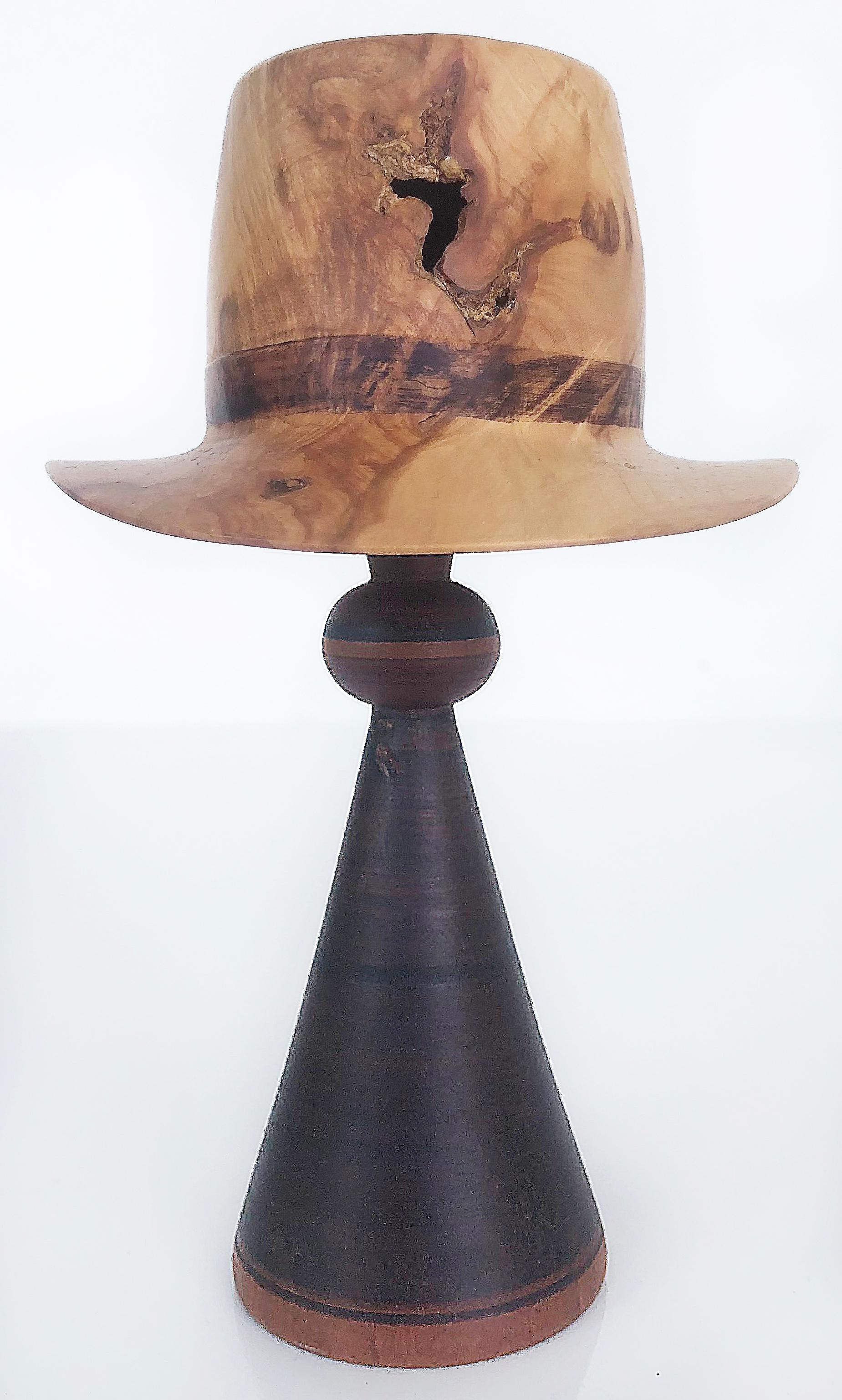 Folk Art Johannes Michelsen Turned Pair of Wood Hats on Stands, Signed and Dated
