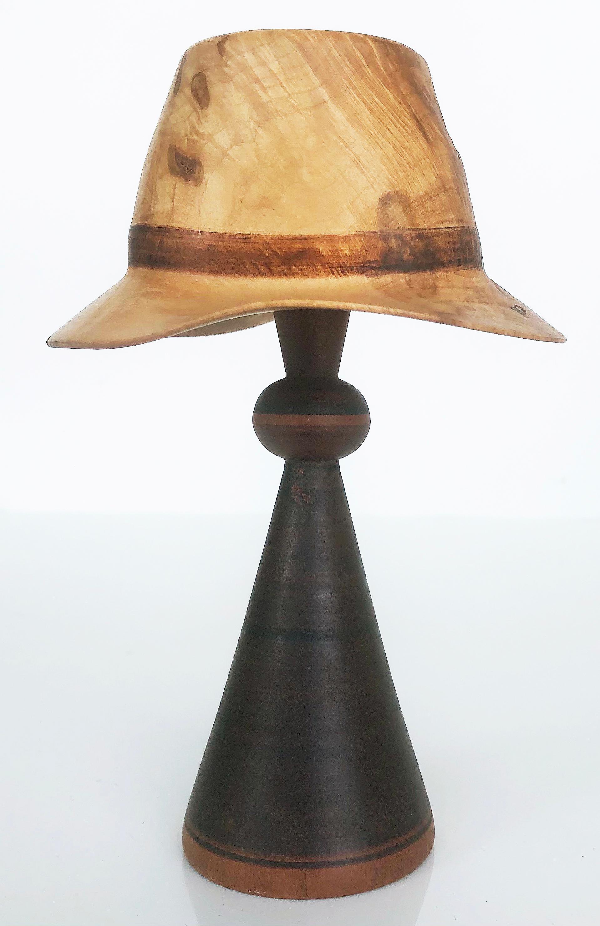 American  Johannes Michelsen Turned Pair of Wood Hats on Stands, Signed and Dated
