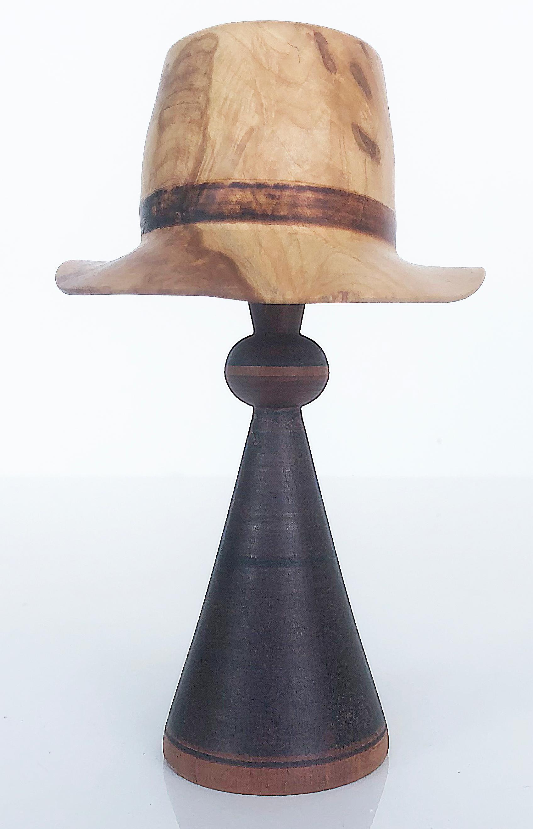 Hand-Carved Johannes Michelsen Turned Pair of Wood Hats on Stands, Signed and Dated