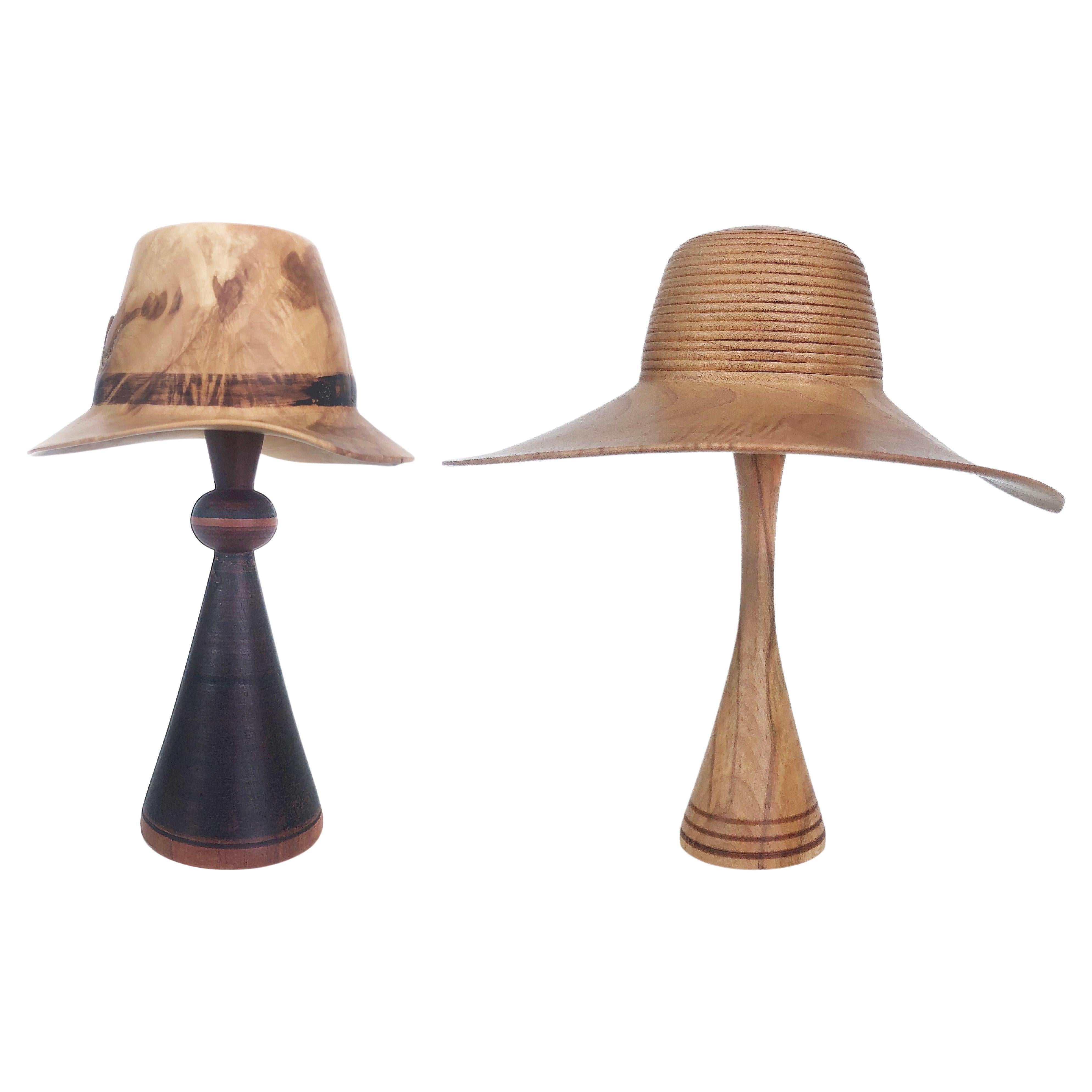  Johannes Michelsen Turned Pair of Wood Hats on Stands, Signed and Dated
