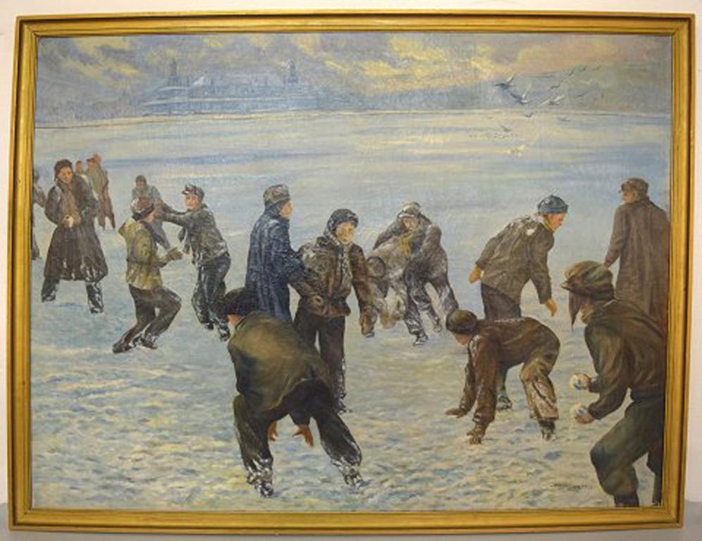 Johannes Nielsen. Winter scene from Copenhagen. Snowball fight. Oil on canvas.
Signed: Johns Nielsen 1950.
Measures 117 cm x 111 cm. The frame measures 3.5 cm.
In very good condition.