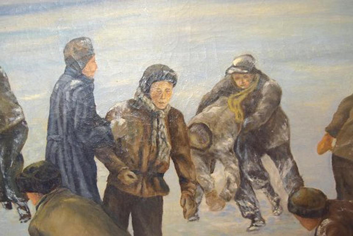 Mid-20th Century Johannes Nielsen, Winter Scene from Copenhagen, Snowball fight, Oil on canvas.