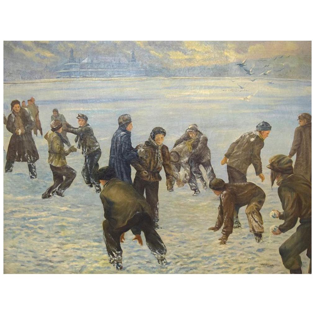 Johannes Nielsen, Winter Scene from Copenhagen, Snowball fight, Oil on canvas.