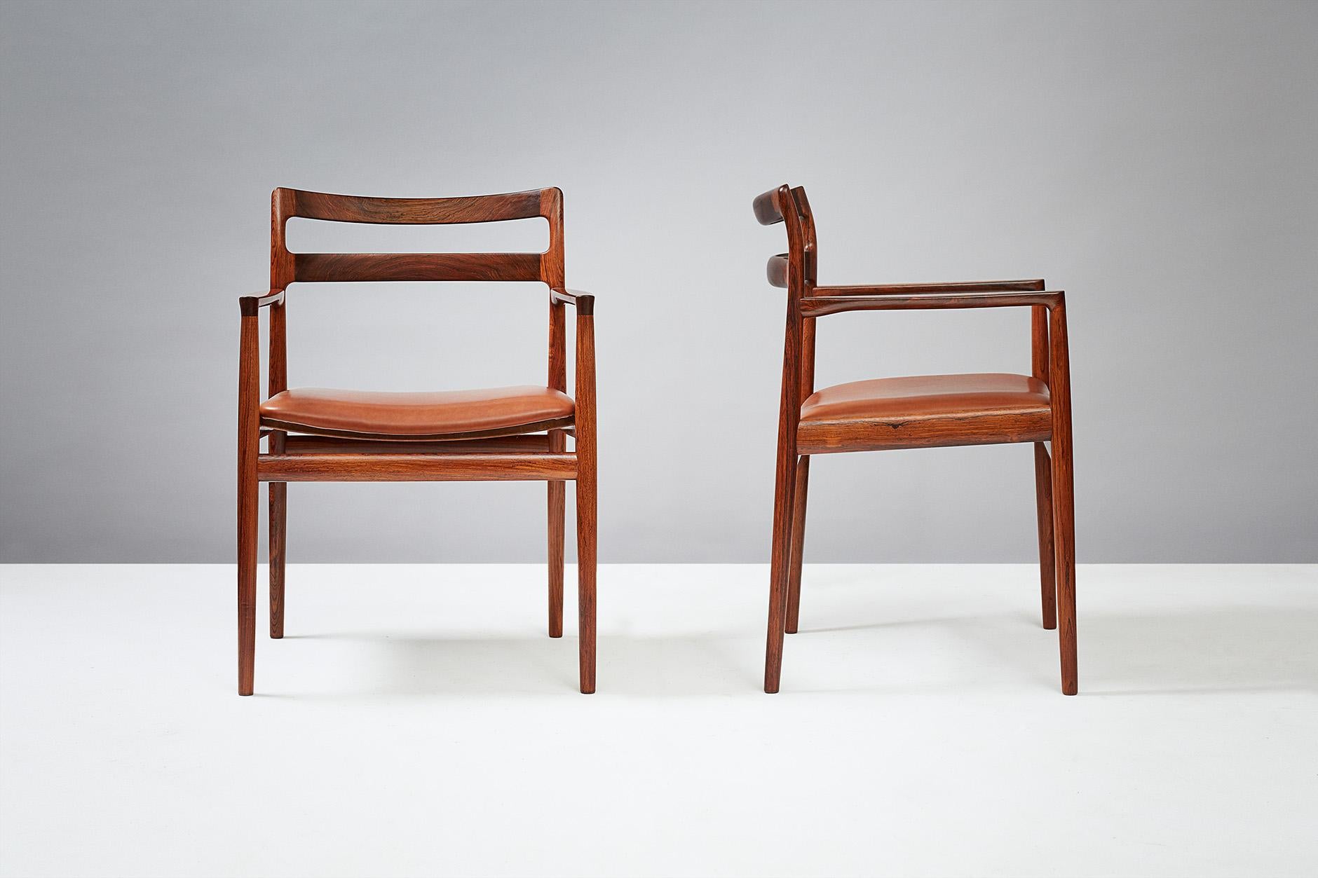 Johannes Norgaard (attributed)

Armchairs, circa 1960

Pair of armchairs attributed to Johannes Norgaard and produced by Norgaard Mobelfabrik, circa 1960. Seats upholstered in cognac brown aniline leather.