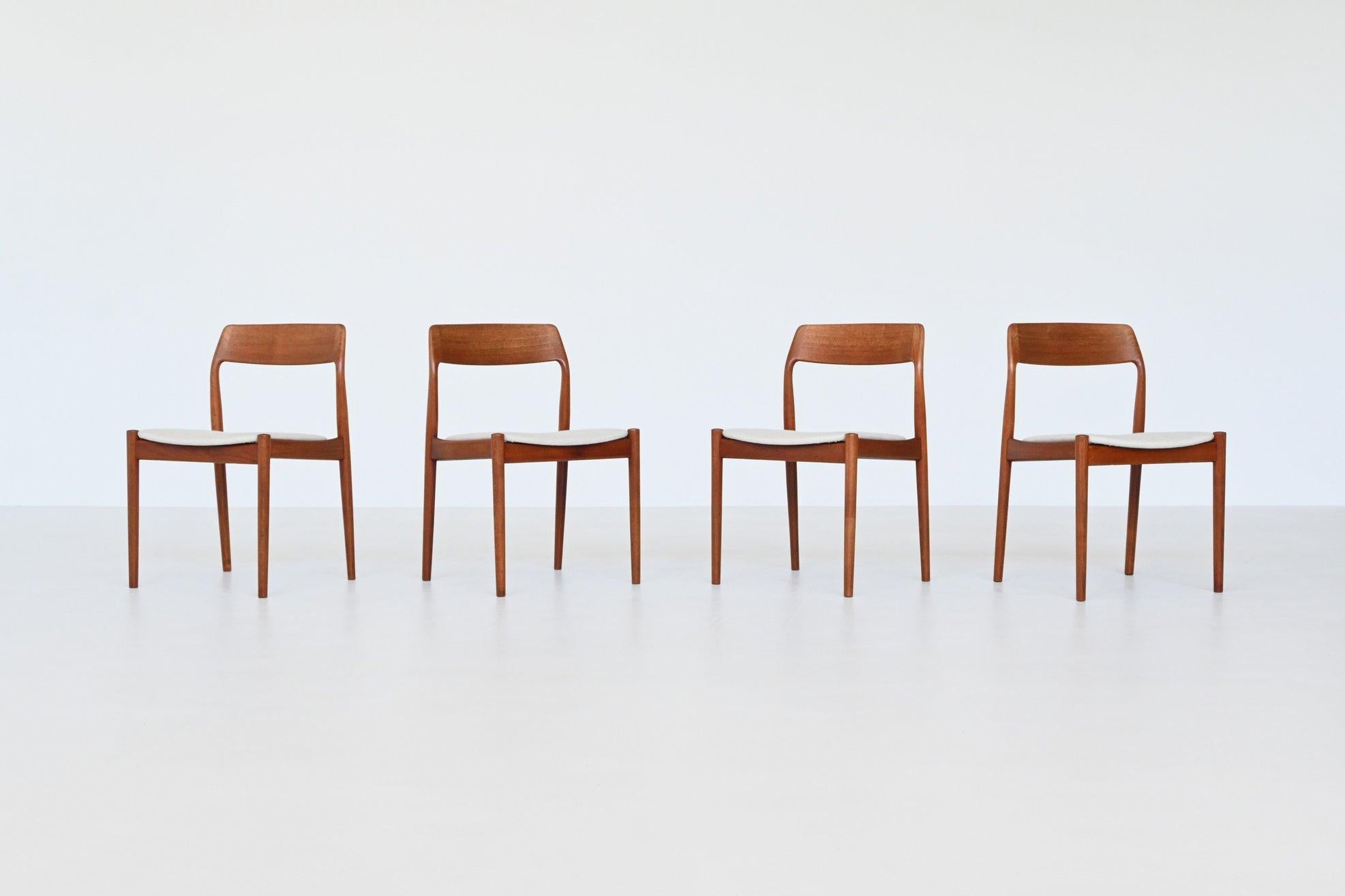 Very nice set of four dining chairs designed by Johannes Nørgaard for Nørgaards Møbelfabrik, Denmark 1963. They are made of solid teak wood and the seats are upholstered with high quality Richwool fabric. These well-crafted and nicely shaped chairs