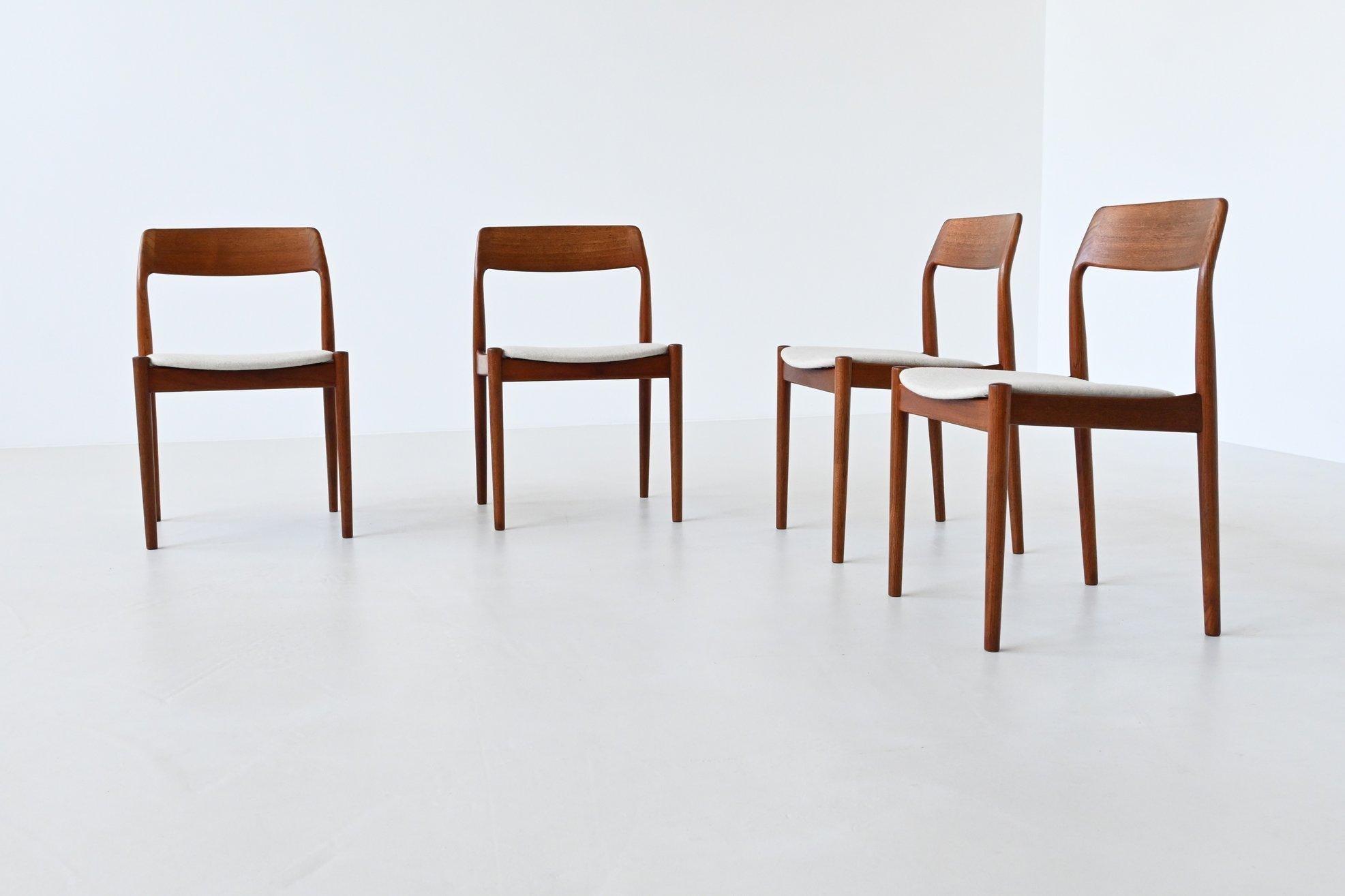 Fabric Johannes Norgaard dining chairs in teak and wool Denmark 1963