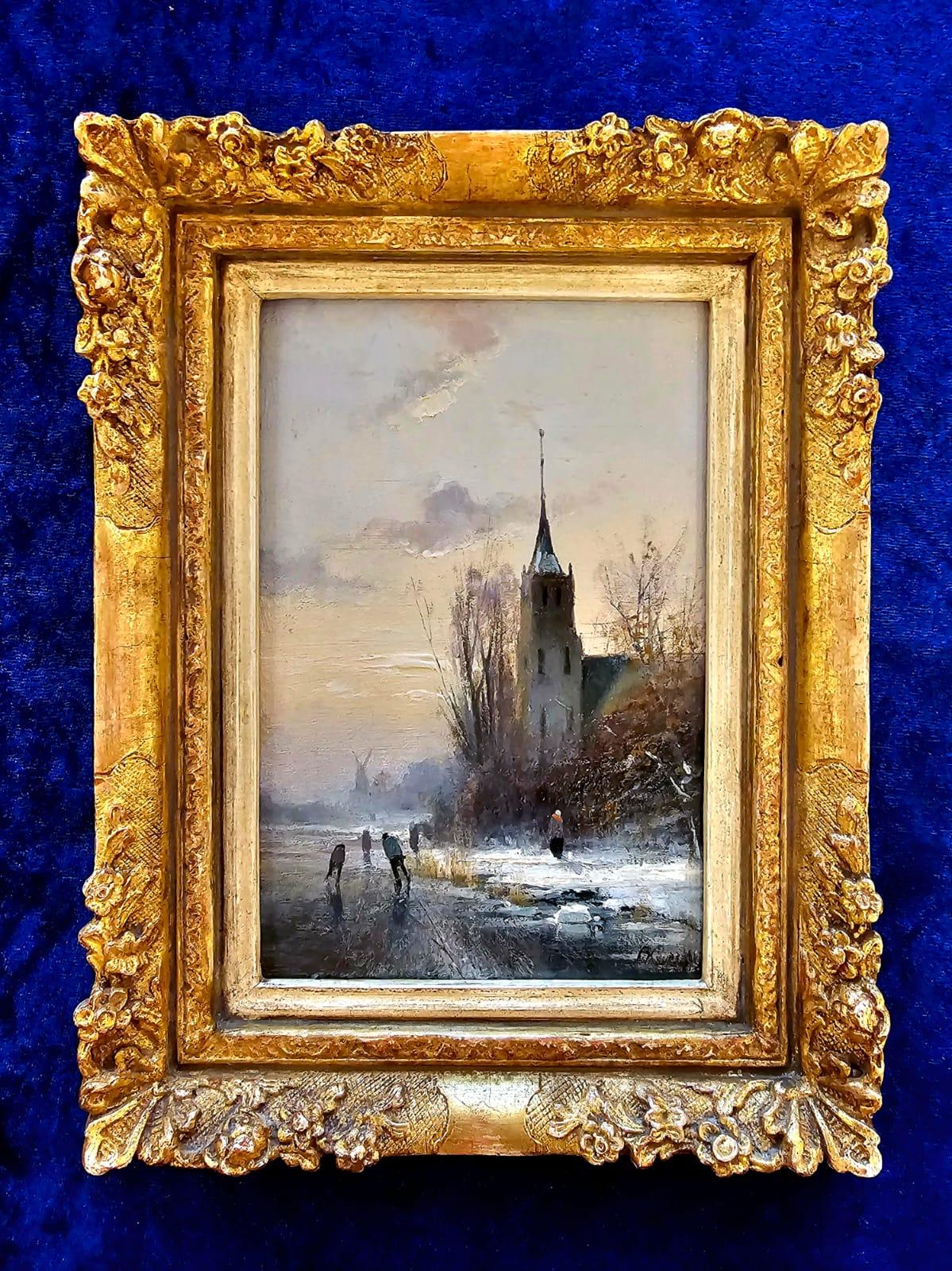 Lovely little painting of a Dutch winter landscape with icescaters and church - Painting by Johannes Petrus Franciskus 'Piet' Kraus