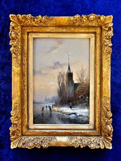 Lovely little painting of a Dutch winter landscape with icescaters and church