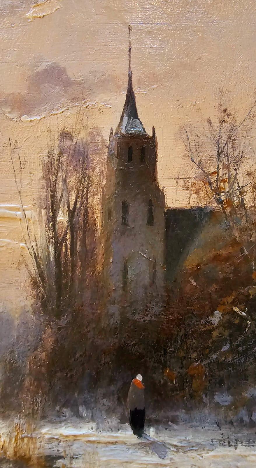Schönes kleines Gemälde einer niederländischen Winterlandschaft mit Eiszapfen und Kirche im Angebot 1