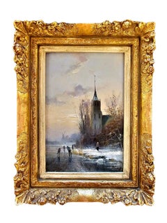 Jolie petite peinture d'un paysage d'hiver néerlandais avec des piétons et une église