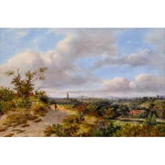 Mid-19th-Century Oil Painting On Panel, Figures On Rural Track, Town Beyond