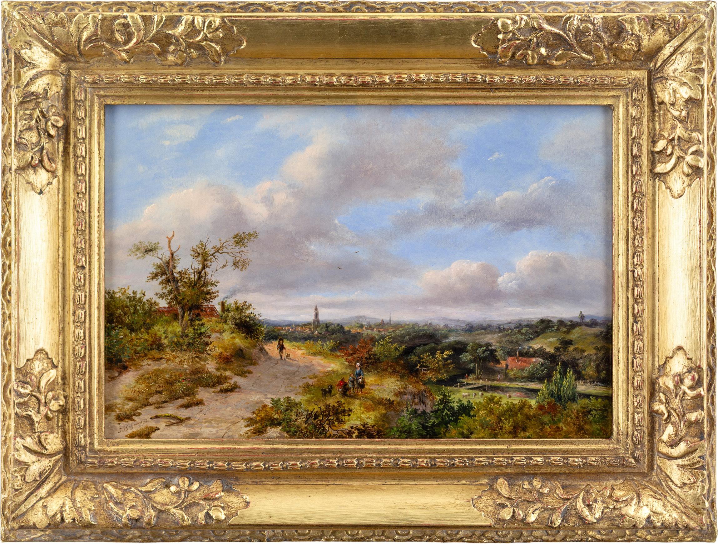 Mid-19th-Century Oil Painting On Panel, Figures On Rural Track, Town Beyond