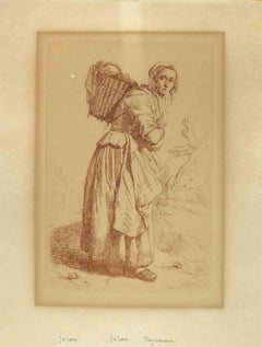 Antique Village Woman Carrying a Basket on Her...-Etching by J.P. De Frey - 19th century