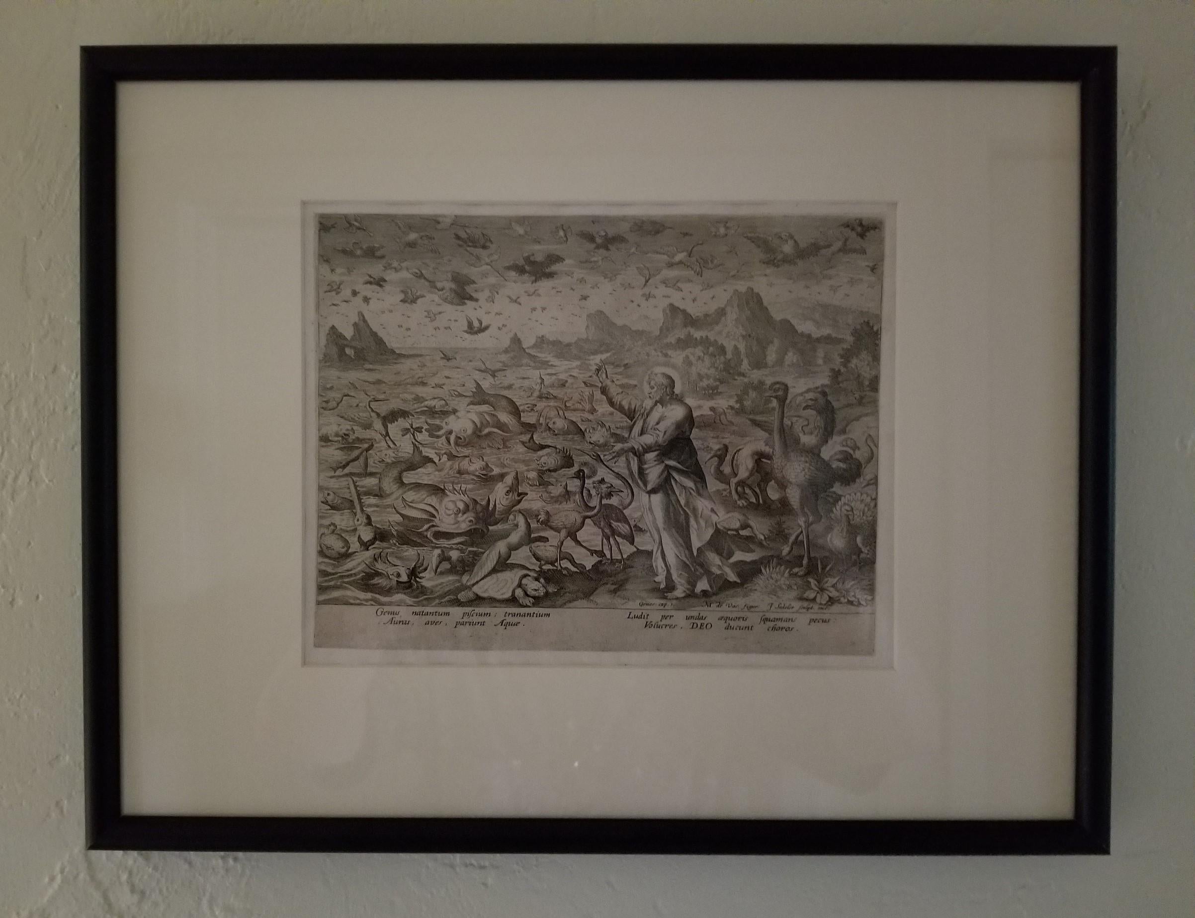 Creation! Birds and Fishes - Framed 1584 Old Master Engraving Religious Bible - Gray Figurative Print by Johannes Sadeler I