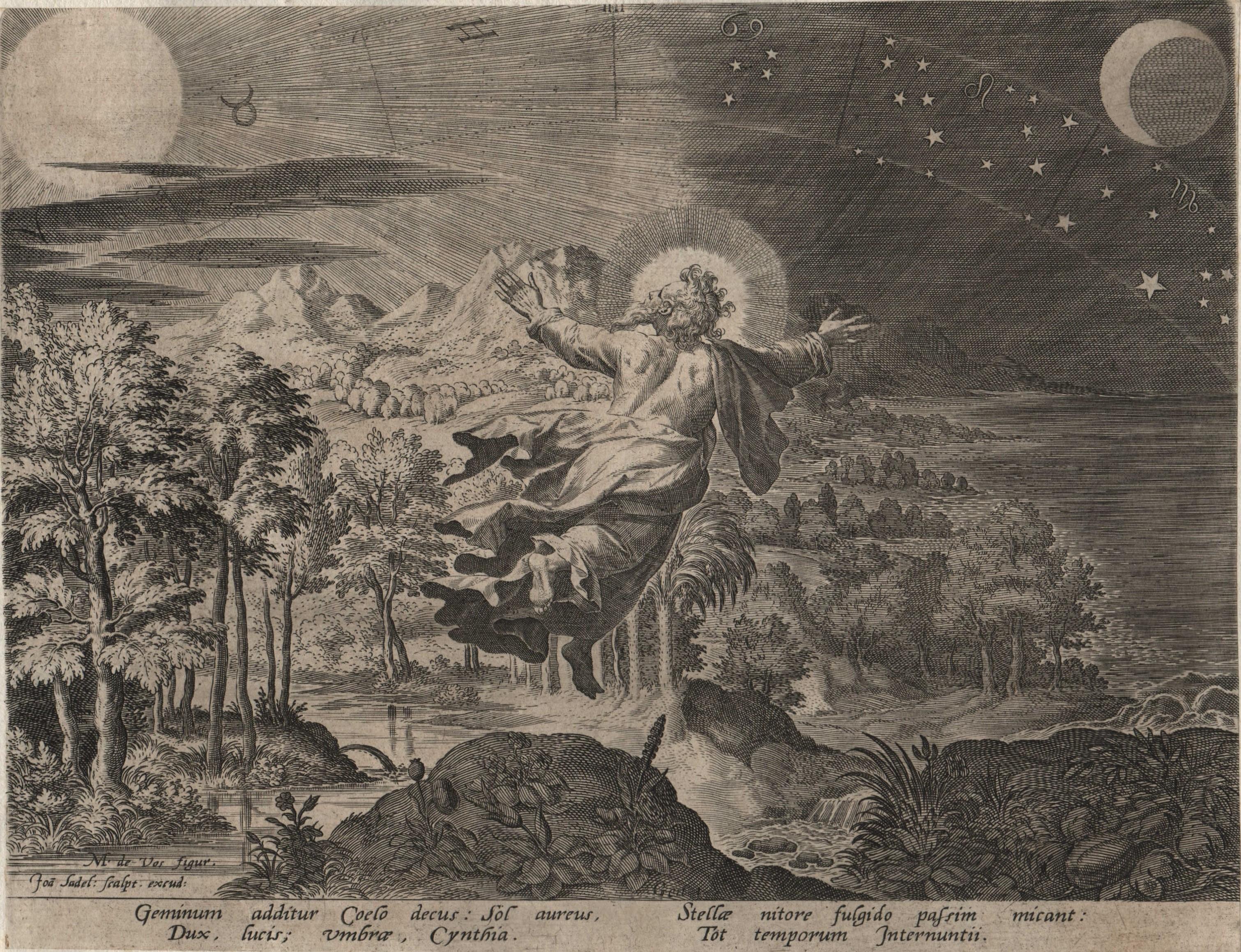 Creation! Sun, Moon, Stars - Framed 1584 Old Master Engraving Religious Bible - Print by Johannes Sadeler I