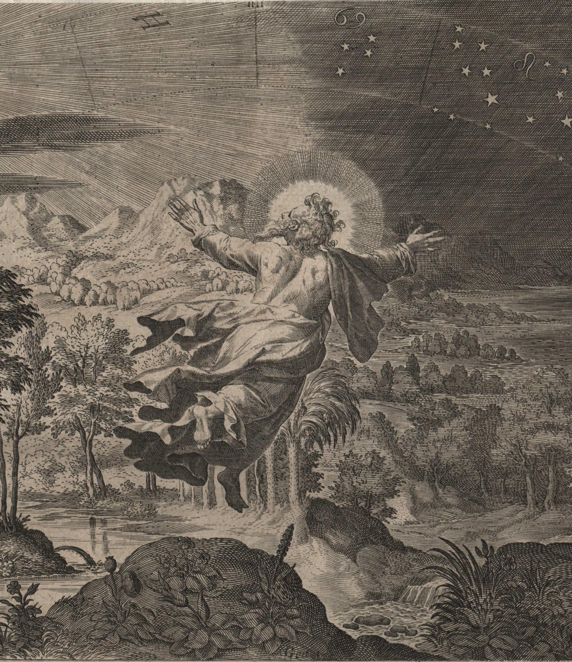Creation! Sun, Moon, Stars - Framed 1584 Old Master Engraving Religious Bible - Gray Figurative Print by Johannes Sadeler I