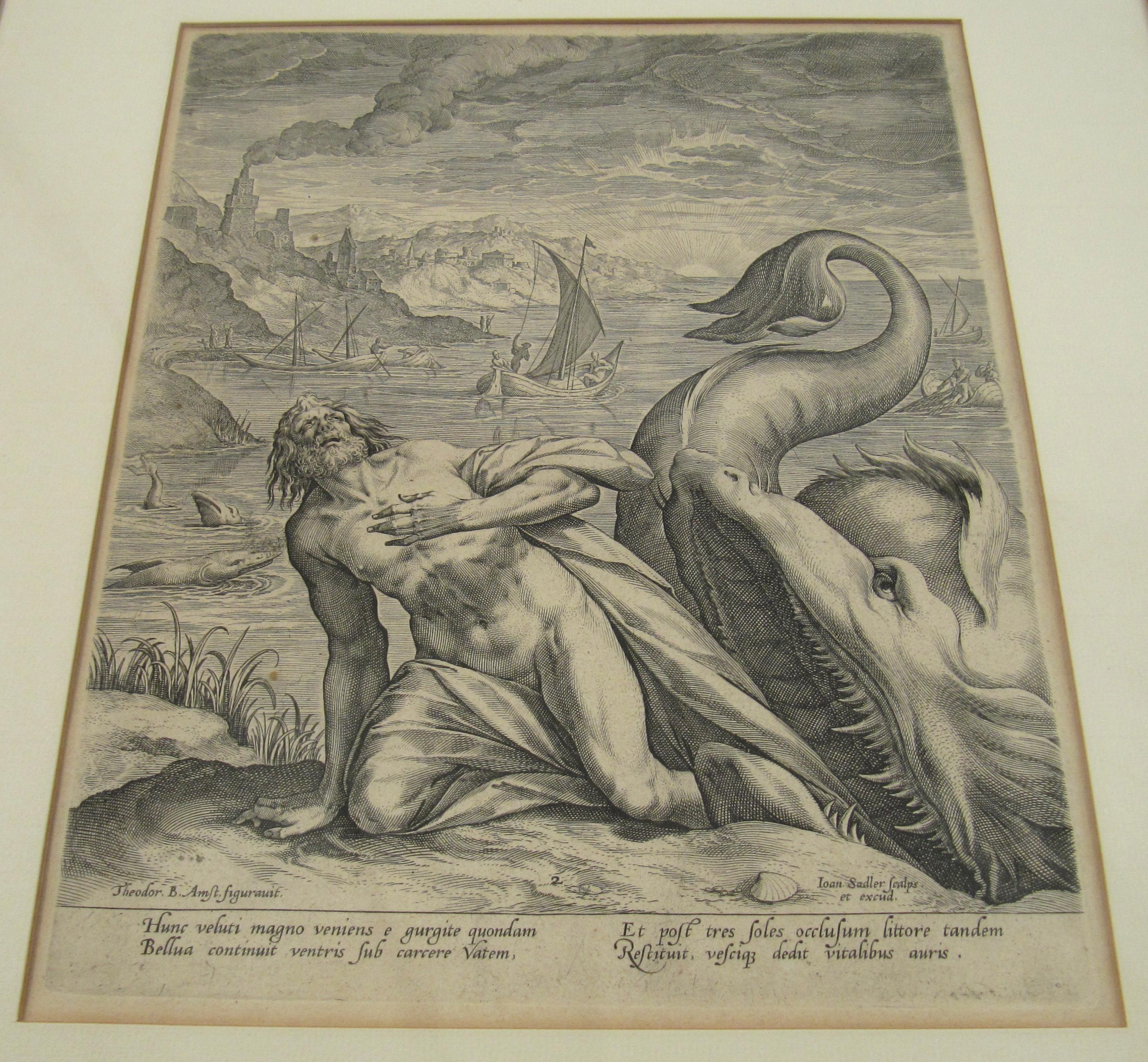 Johannes Sadeler I (Flemish 1550-1600) - Kupferstich 1582 - The Jonah and the Whale II im Angebot 4