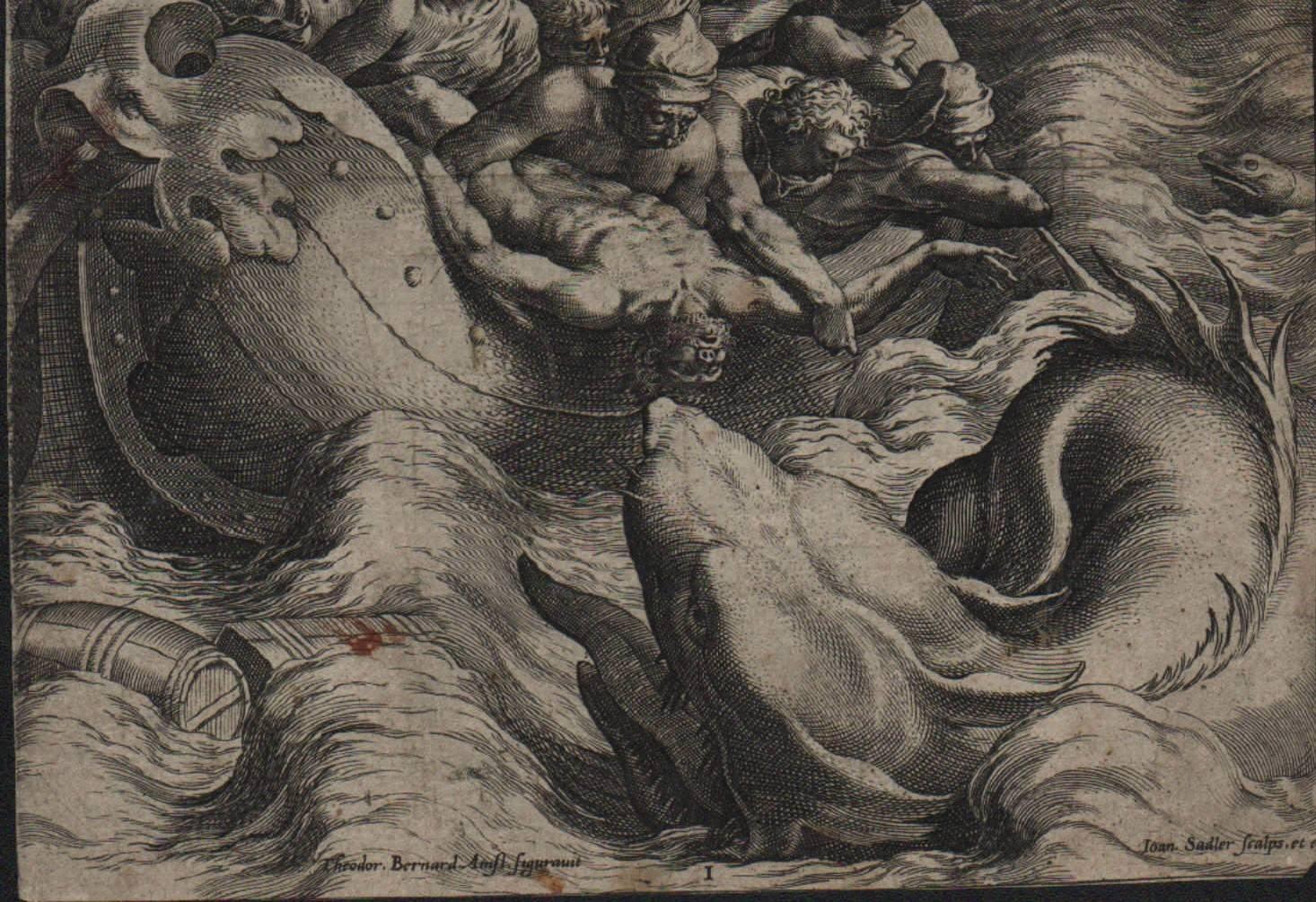 Jonah Thrown Into the Whale - 1582 Old Master Engraving Religious - Print by Johannes Sadeler I