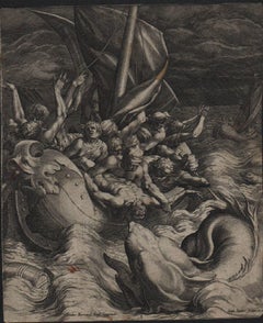 Antique Jonah Thrown Into the Whale - 1582 Old Master Engraving Religious