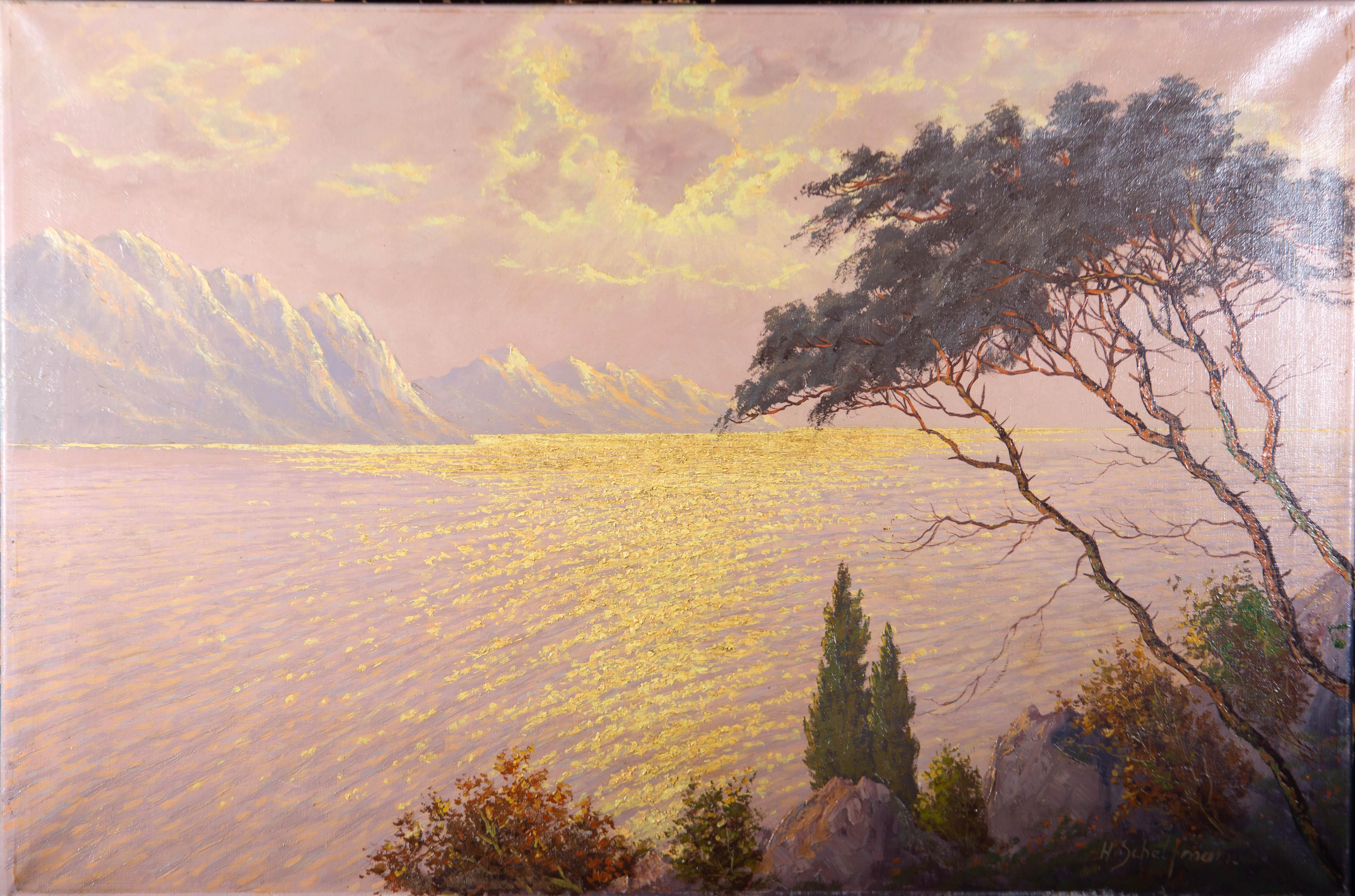 Johannes Schelfman (nato nel 1903) - Olio contemporaneo, Tramonto mediterraneo 2