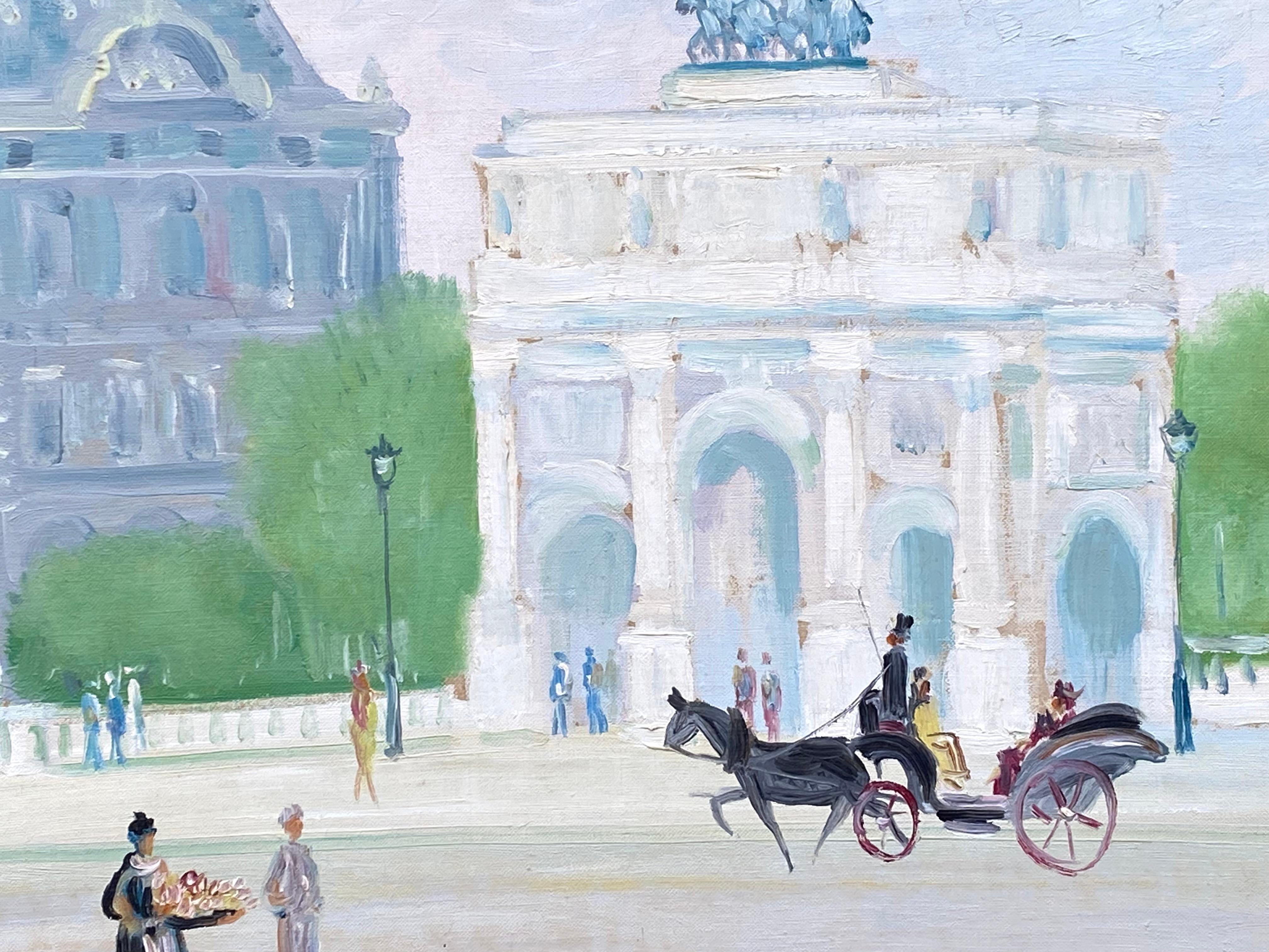 
Peinture originale à l'huile sur toile de l'Arc de Triomphe du Carrousel par l'artiste néerlandais Johannes Schiefer.  La Tour Eiffel apparaît au loin. Une vision fantaisiste de Paris. Signé en bas à gauche. L'état est excellent. Encadré dans son