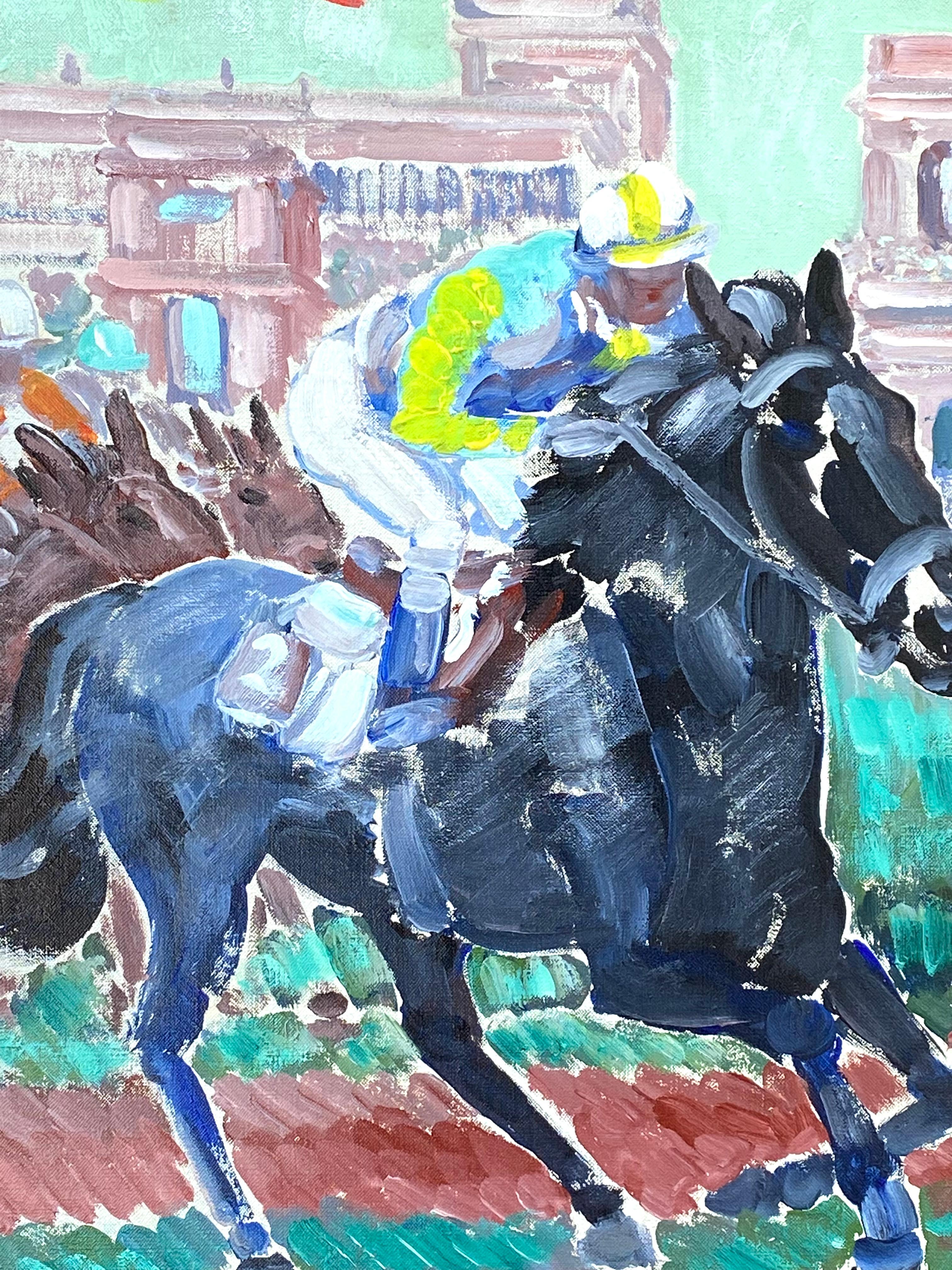 Dipinto a olio su tela molto ben eseguito di una drammatica corsa di cavalli dell'artista tedesco/americano Johannes Schiefer. Firmato in basso a destra. Le condizioni sono eccellenti.  Il tutto incorniciato in una cornice stretta in foglia d'oro