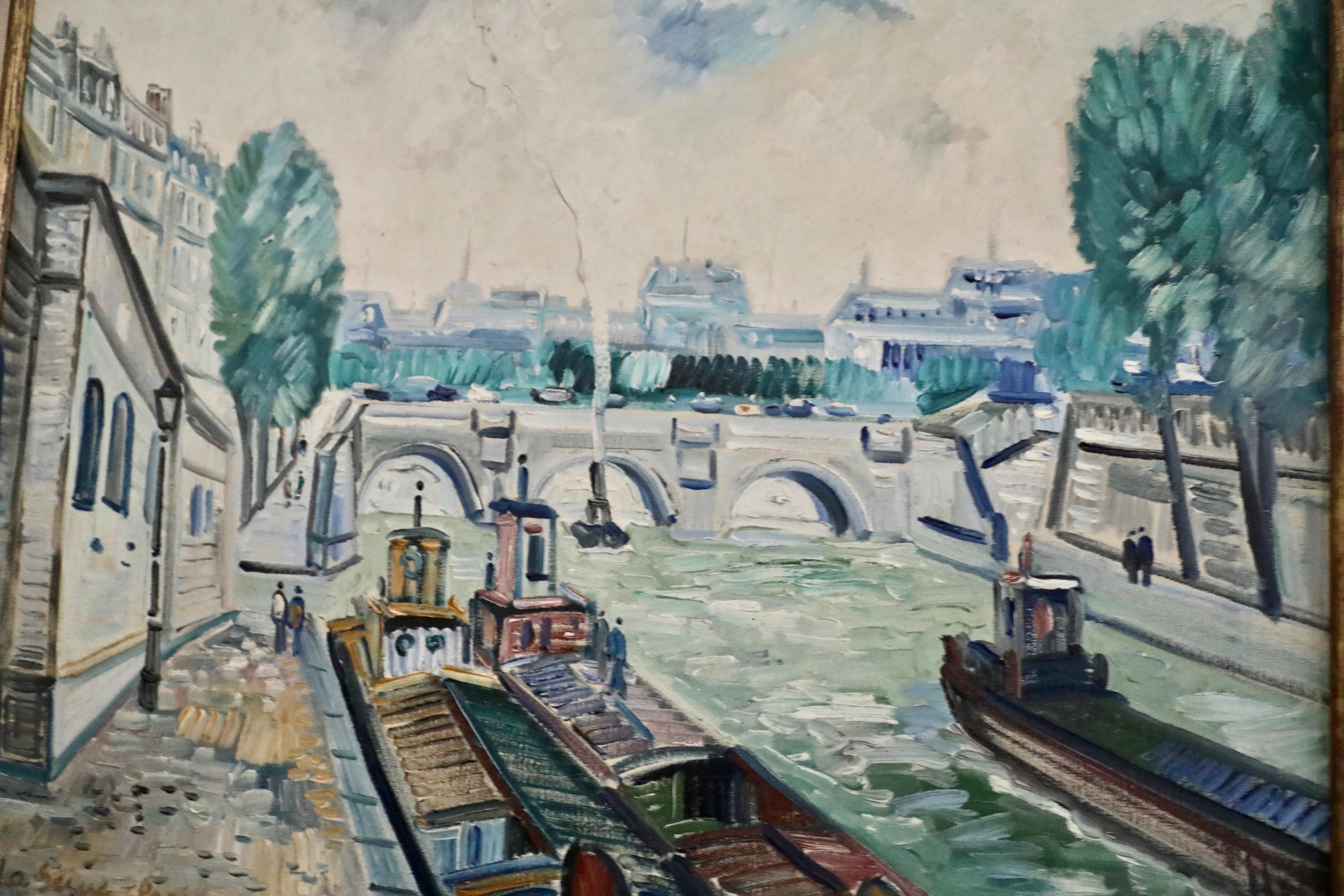 This is a charming depiction of the Seine painted by Johannes Schiefer during, we think, the period sometime between 1935 and 1955. If you look closely at the photo you can see Schiefer's use of impasto to create the smokestack on the tug boat. The