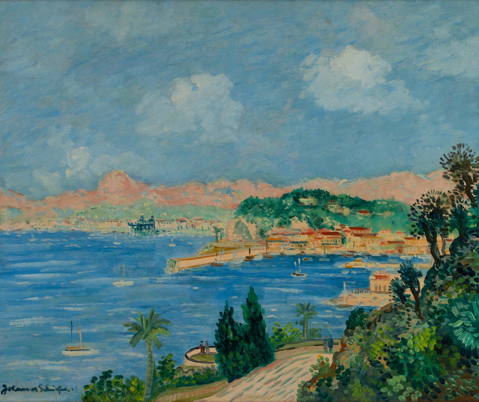 Johannes Schiefer Peinture à l'huile signée, Vue de la Côte d'Azur vers 1938 en vente 2