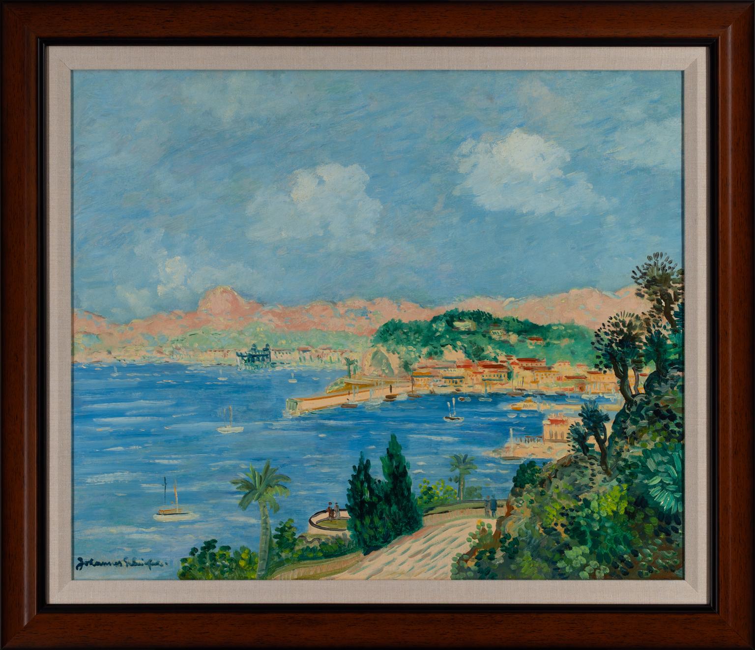 Johannes Schiefer, dipinto a olio firmato, Veduta della Costa Azzurra, circa 1938