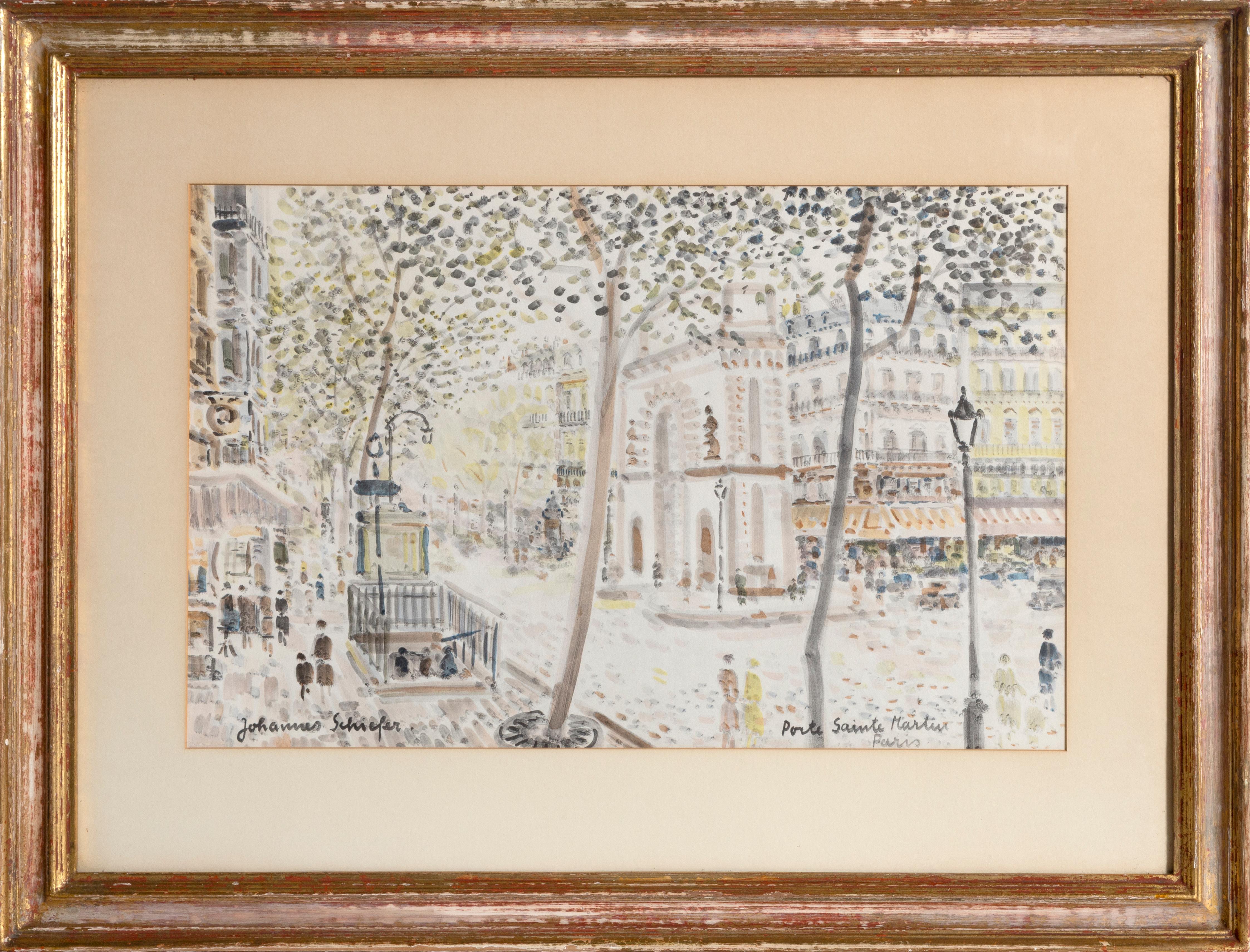 Künstler: Johannes Schiefer (1896 - 1979) 
Titel: Porte Sainte Martin:: Paris 
Jahr: ca. 1930 
Links unten rechts signiert und betitelt: Aquarell auf Papier 
Die Größe: 13 x 20::5 Zoll 
Rahmengröße: 22 x 29 Zoll