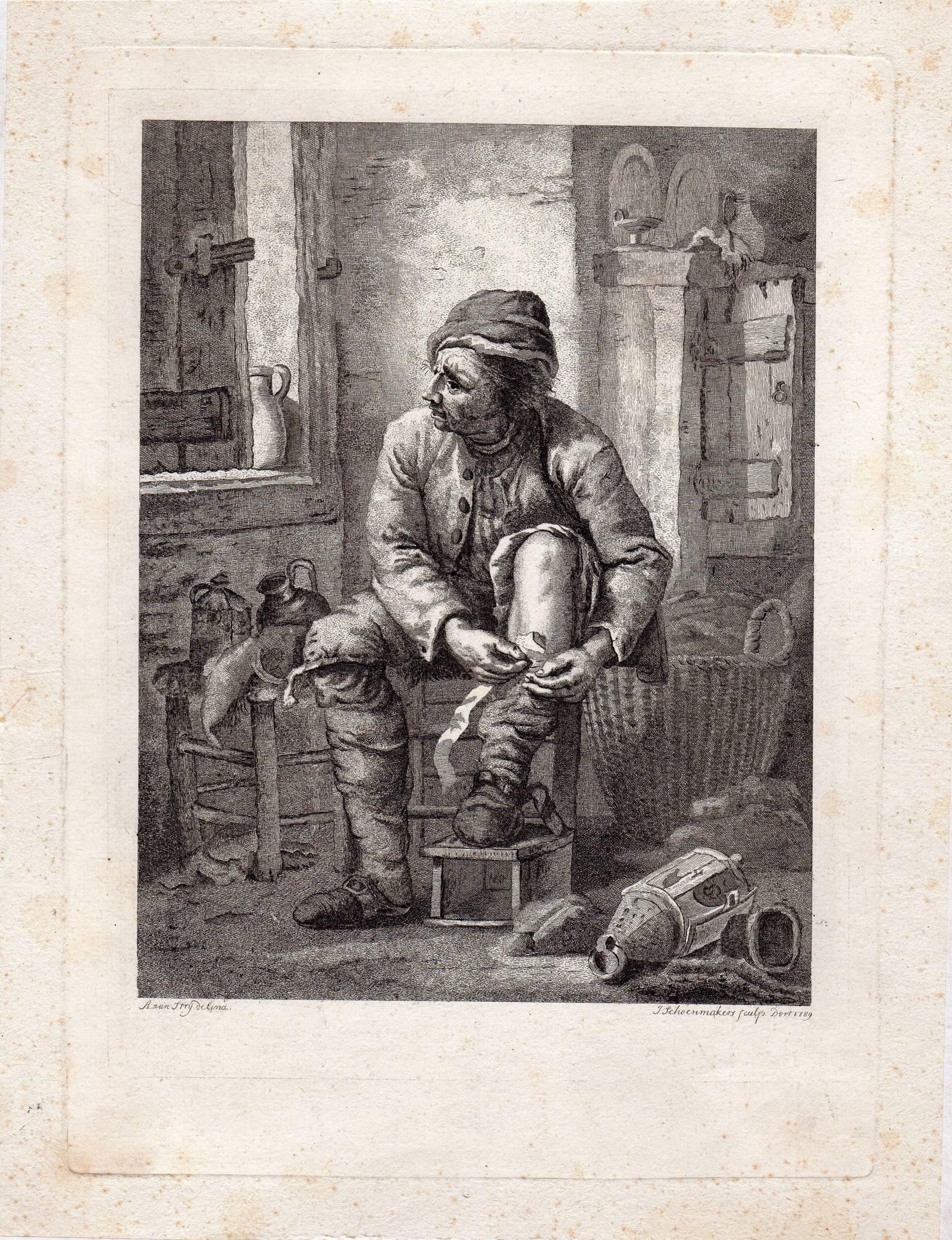 Johannes Schoenmakers Figurative Print - Untitled - A man bandaging his leg.