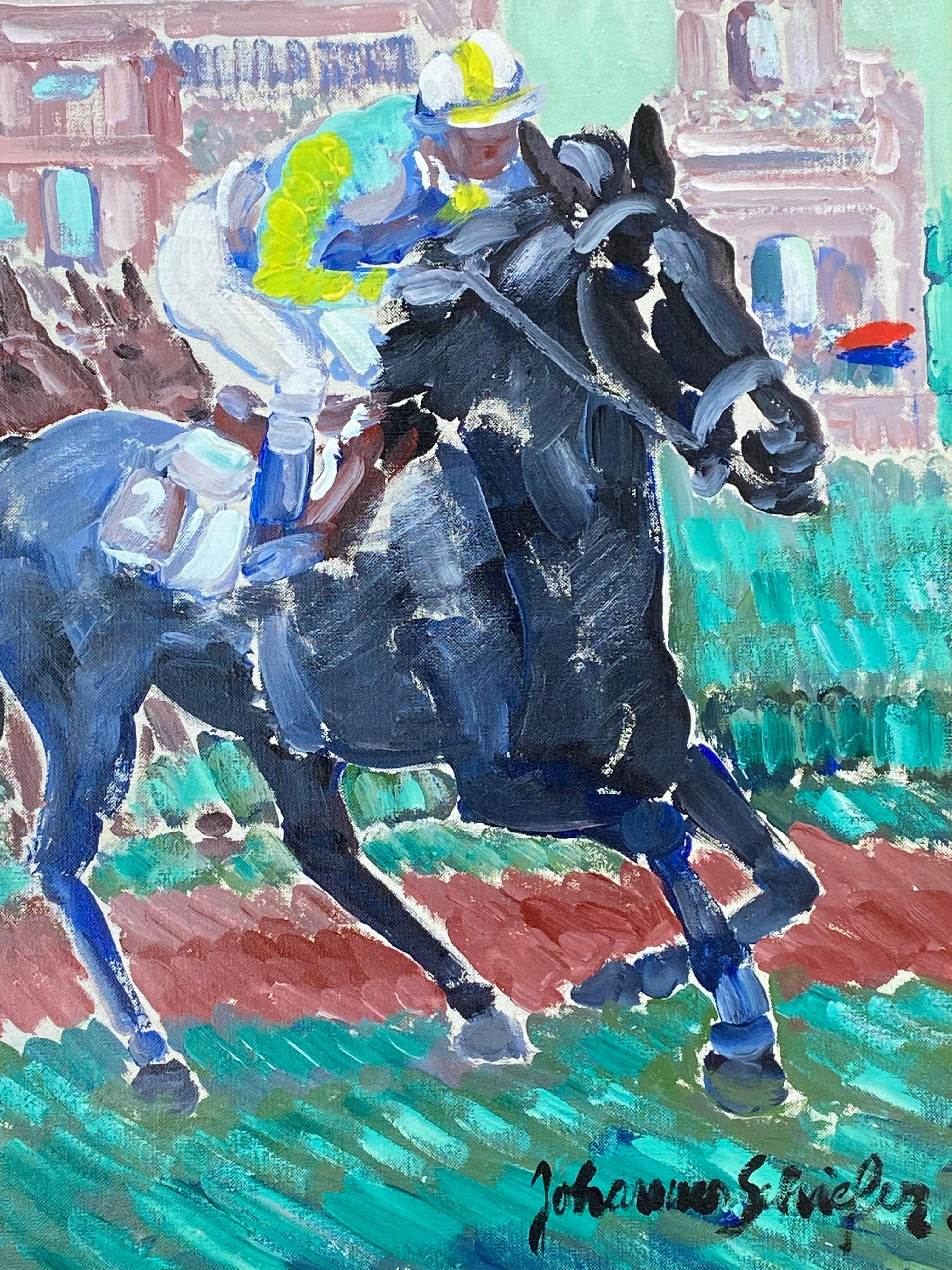 “Horse Races” - Blue Animal Painting by Johannes Schreiter