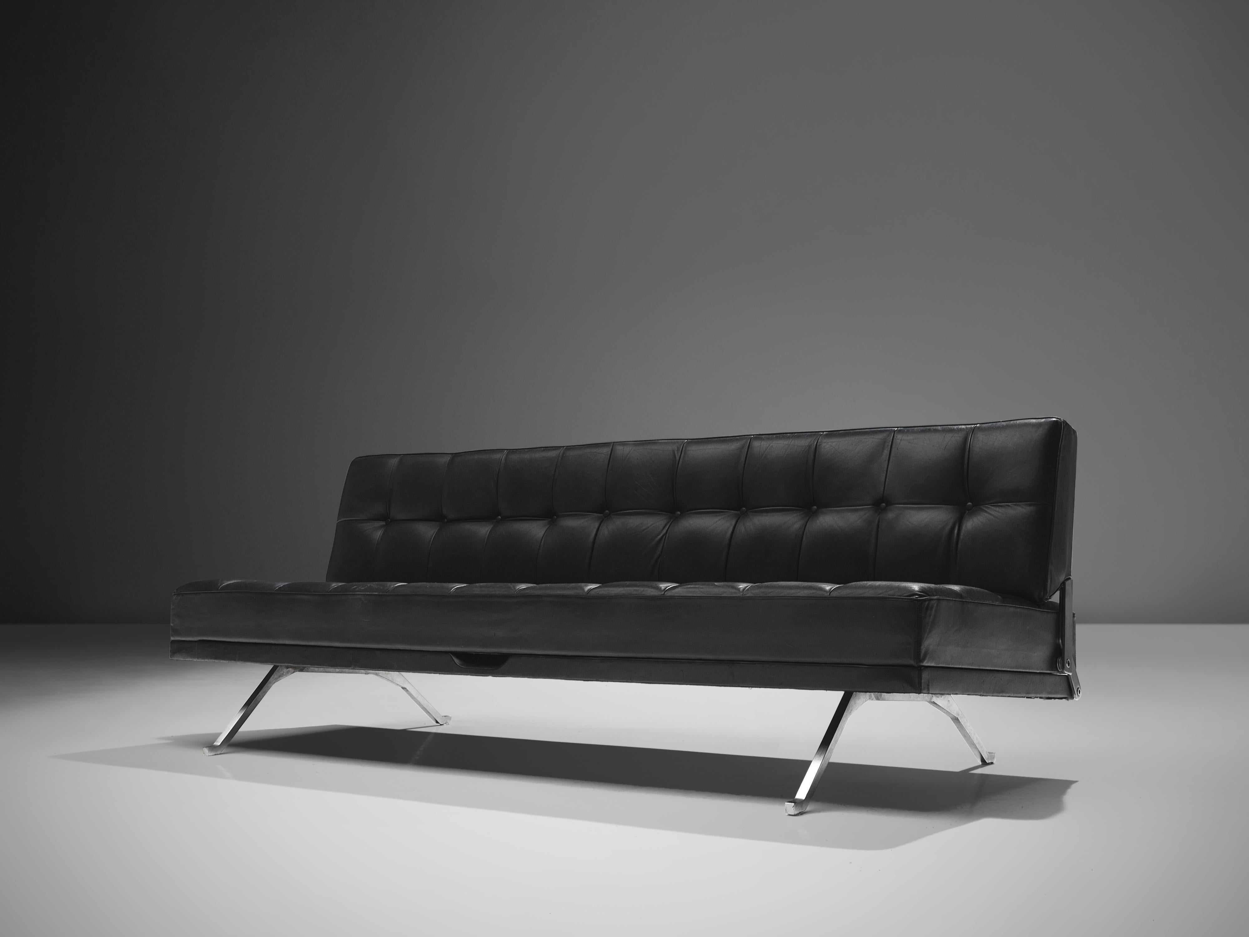 Johannes Spalt for Wittmann, 'Constanze' daybed or sofa, black leather, steel, Austria, 1960s. 

This Austrian daybed named is typical for Mid-Century Modern design from Austria. The tufted leather seat and back is constructed with the slick and