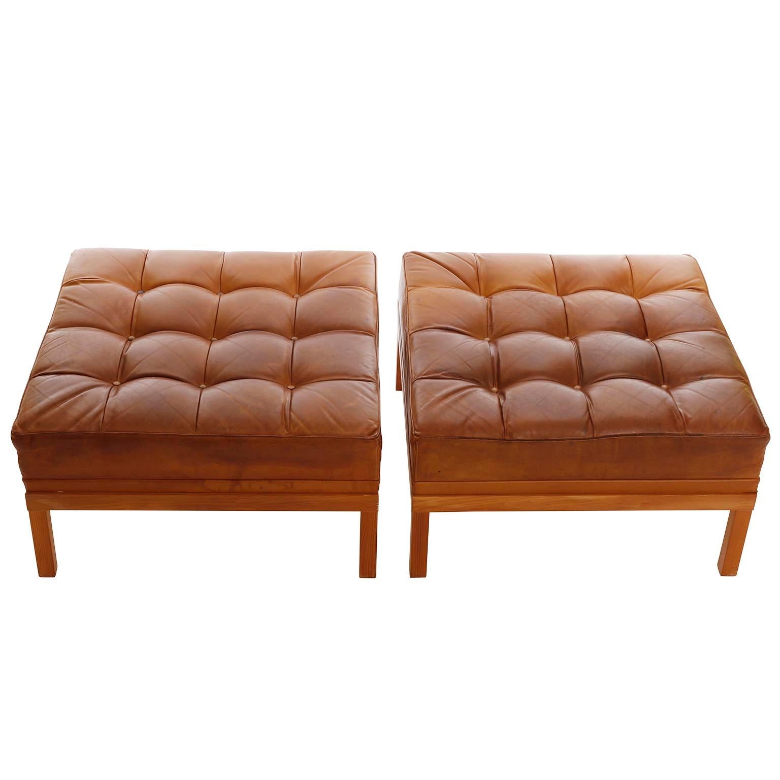 Mid-Century Modern Johannes Spalt 'Constanze' Chairs Stools, Patinated Cognac Leather Wood, 1960s