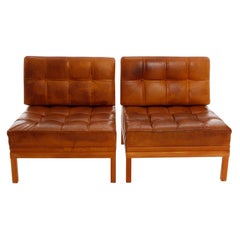 Vintage Johannes Spalt 'Constanze' Chairs Stools, Patinated Cognac Leather Wood, 1960s