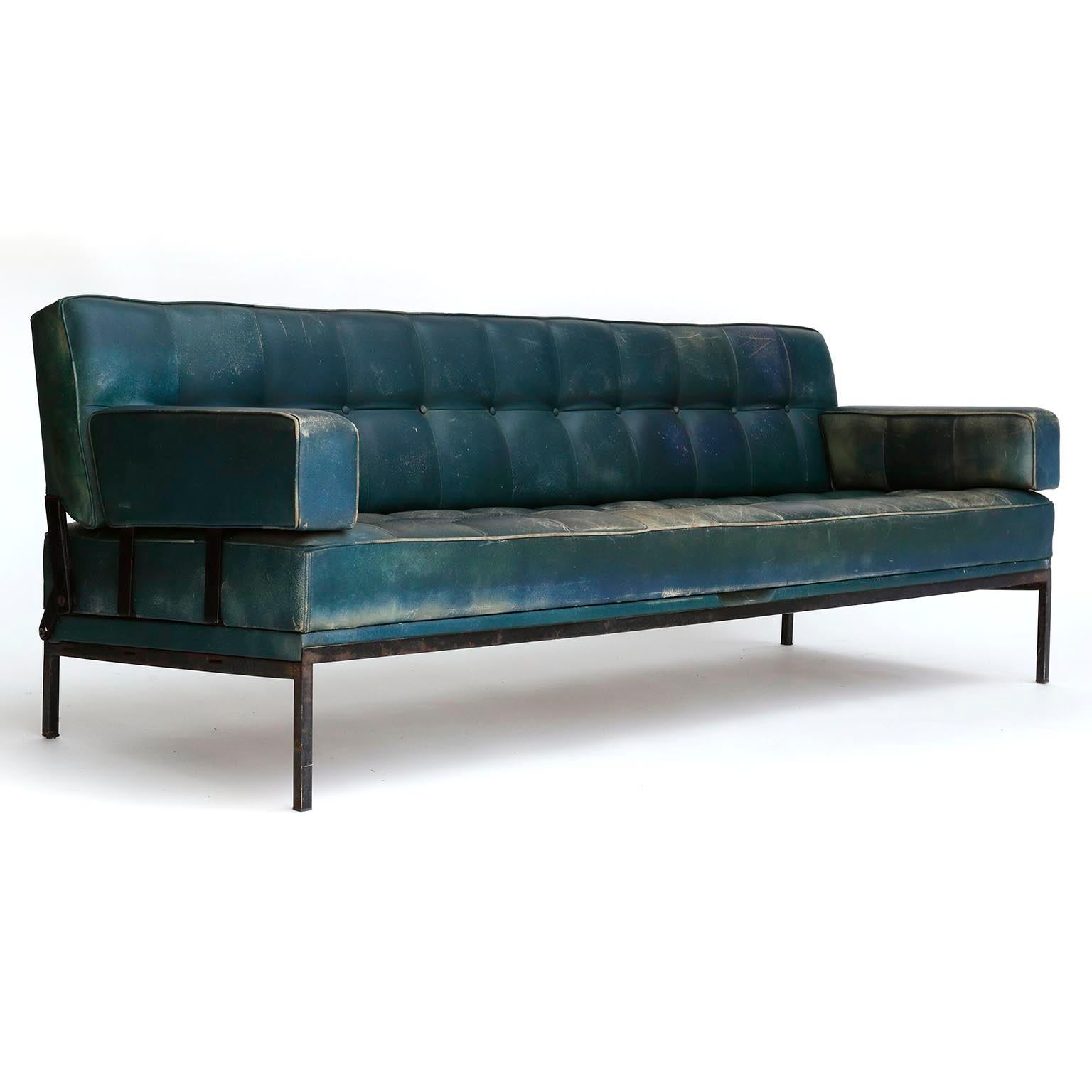Austrian Johannes Spalt 'Constanze' Sofa Daybed Armrests, Patinated Green Leather, 1960s