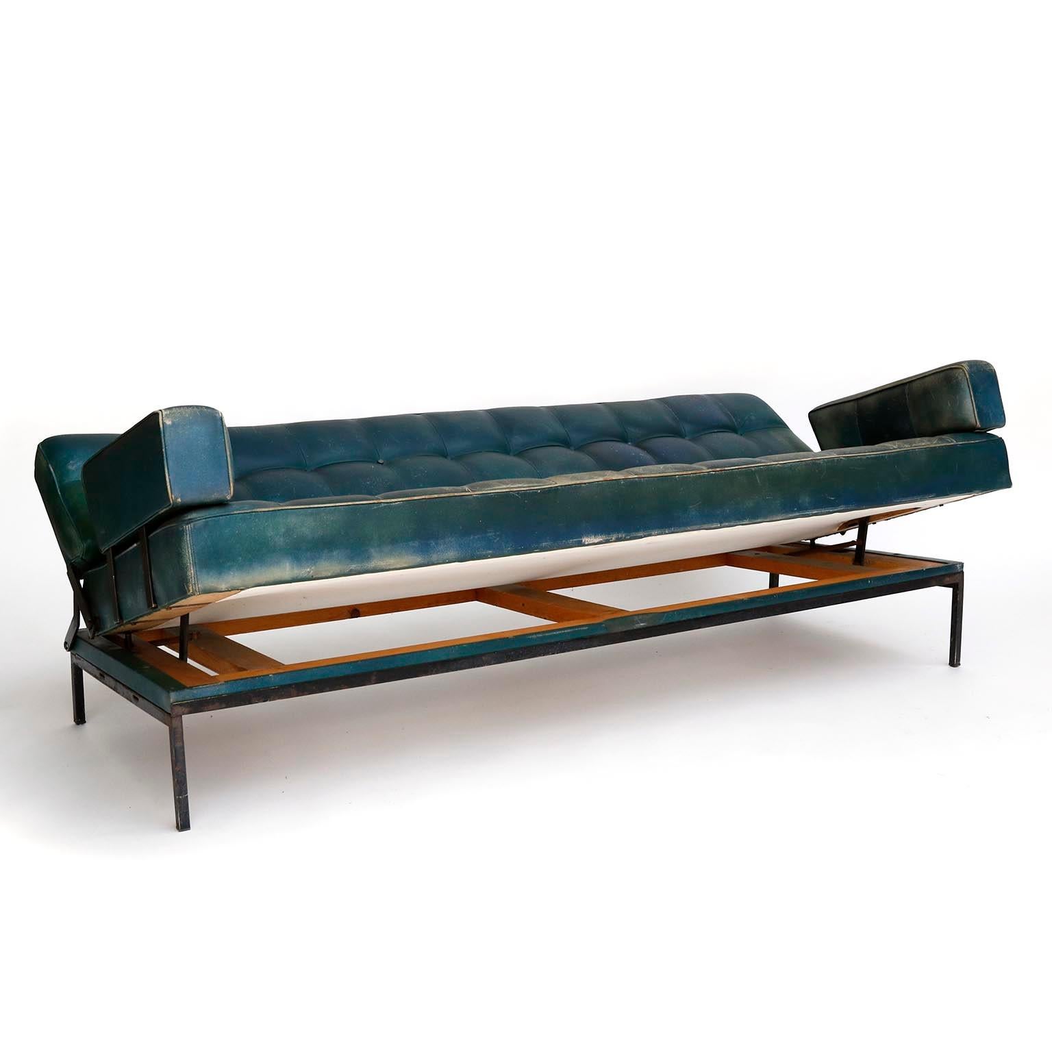 Johannes Spalt 'Constanze' Sofa Daybed Armrests, Patinated Green Leather, 1960s In Fair Condition In Hausmannstätten, AT