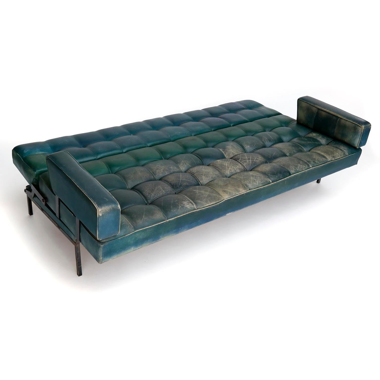 Metal Johannes Spalt 'Constanze' Sofa Daybed Armrests, Patinated Green Leather, 1960s