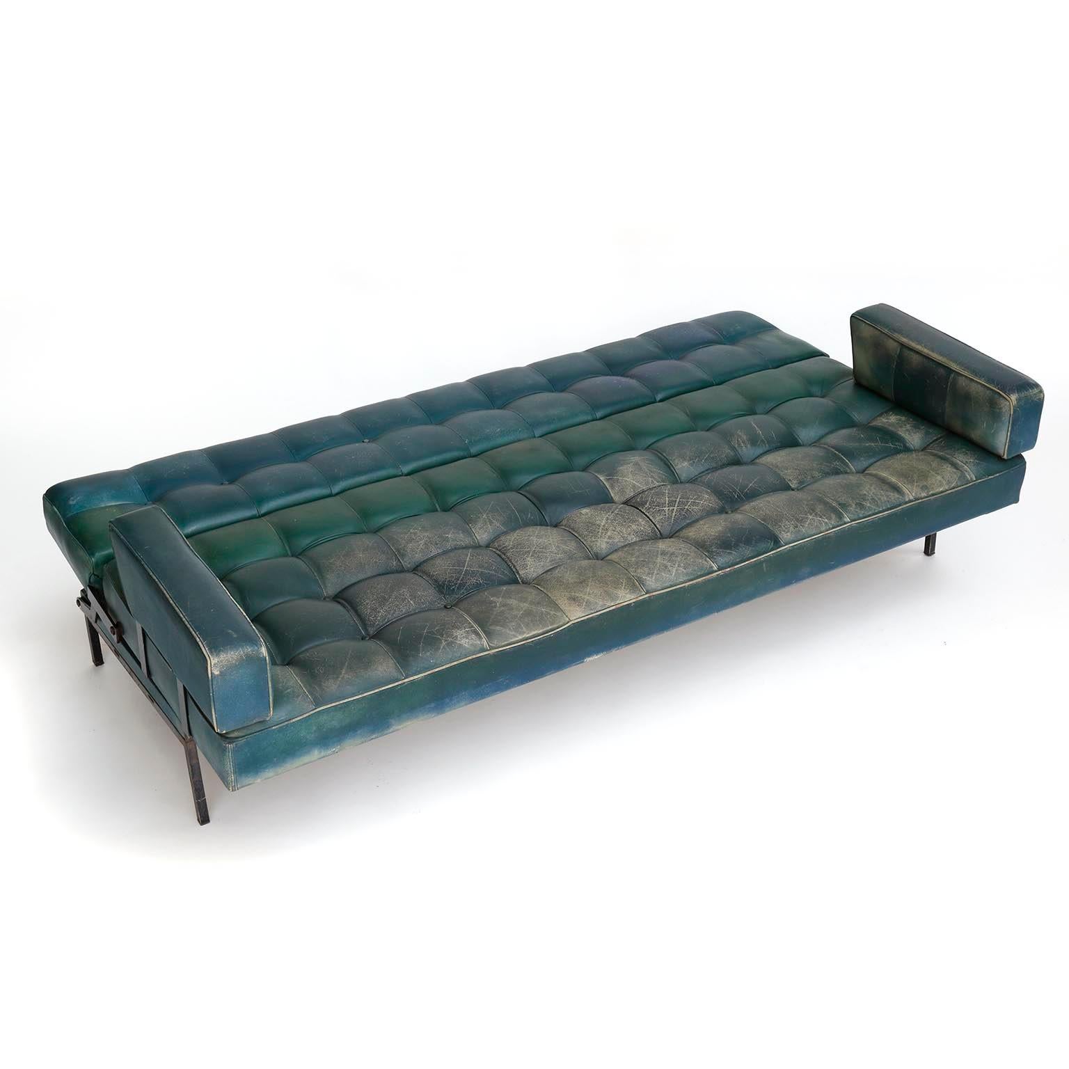 Johannes Spalt 'Constanze' Sofa Daybed Armrests, Patinated Green Leather, 1960s 1