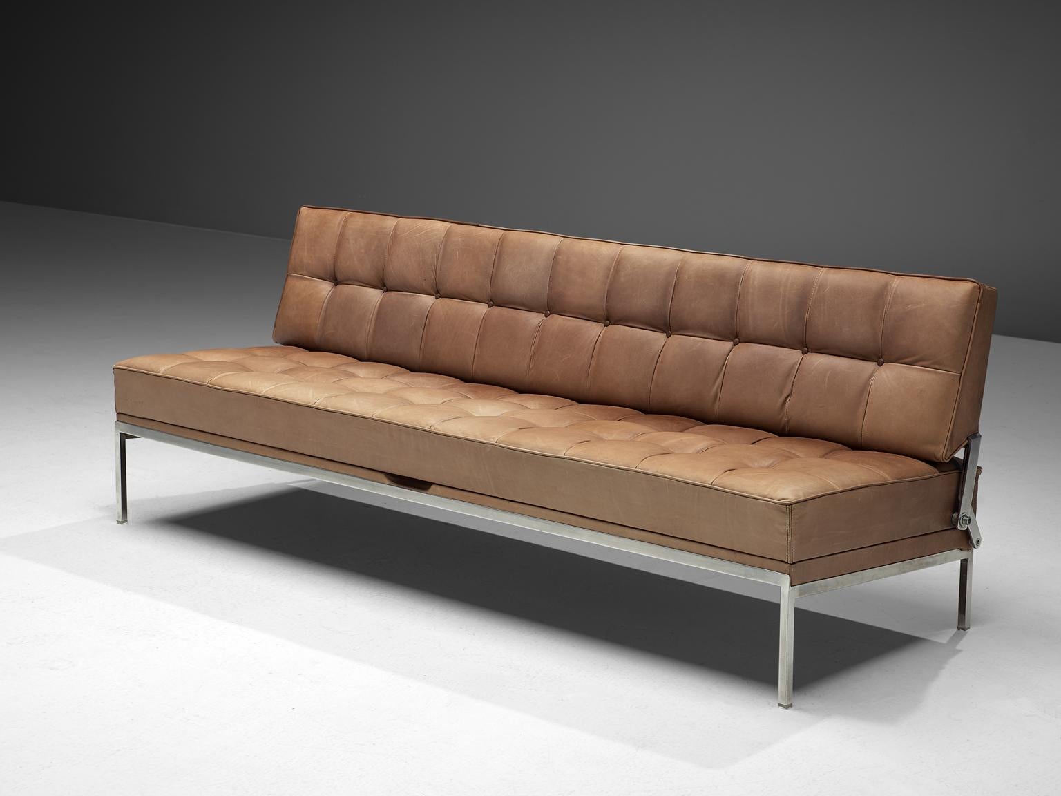 Johannes Spalt for Wittmann, 'Constanze' daybed or sofa, beige leather, brushed steel, Austria, 1960s. 

This Austrian daybed named is typical for Mid-Century Modern design from Austria. The tufted leather seat and back is constructed with the