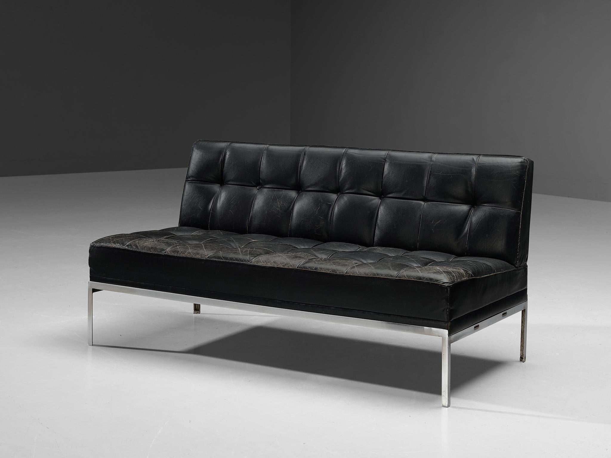Johannes Spalt for Wittmann, sofa or settee, leather, chromed steel, Austria, 1960s

This subtle and modest sofa is designed by the talented Austrian furniture designer Johannes Spalt. The design is characterized by a solid construction based on