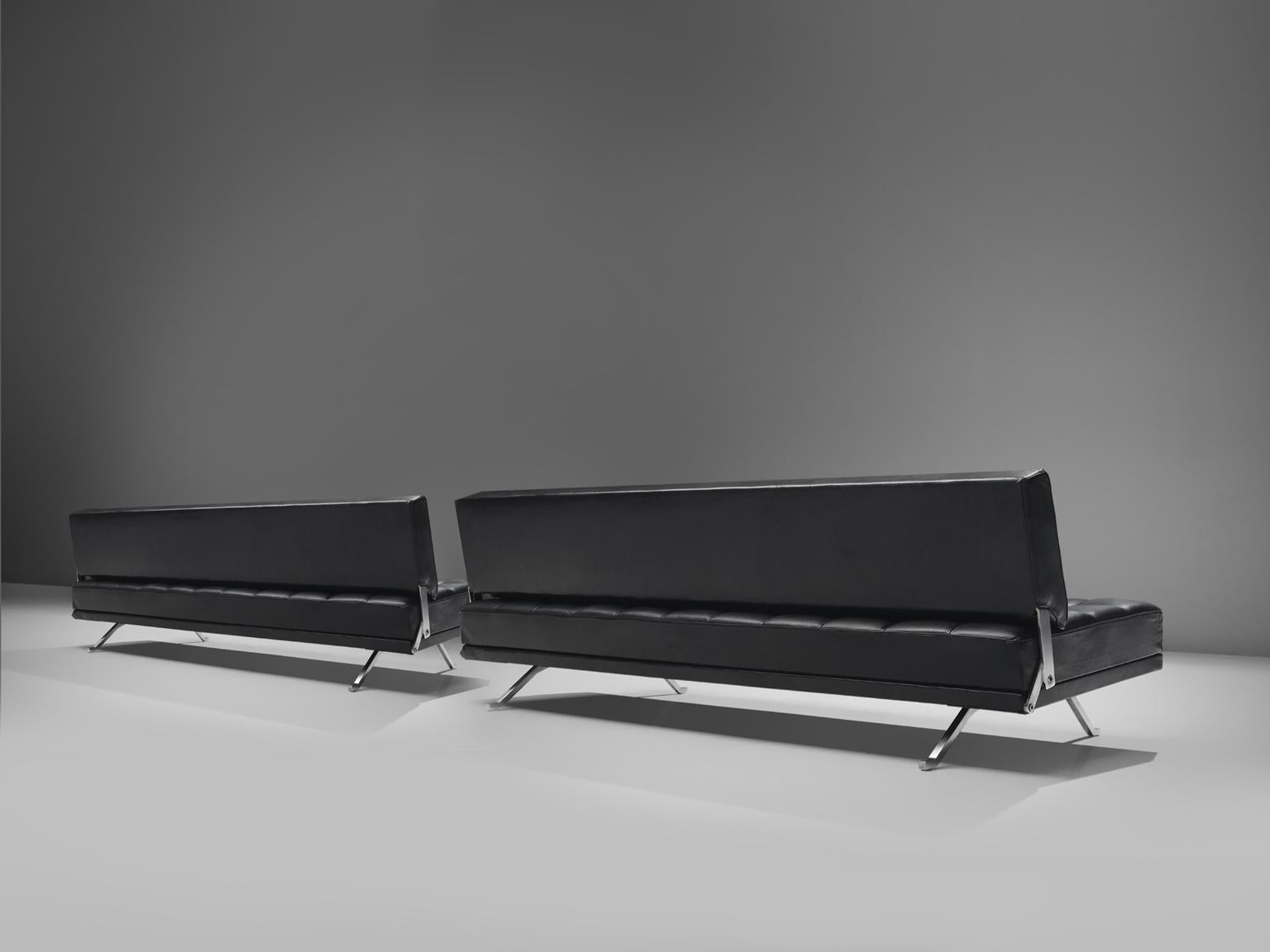 Johannes Spalt for Wittmann, 'Constanze' daybed or sofa, black leather, brushed steel, Austria, 1960s. 

This Austrian daybed named is typical for Mid-Century Modern design from Austria. The tufted leather seat and back is constructed with the slick