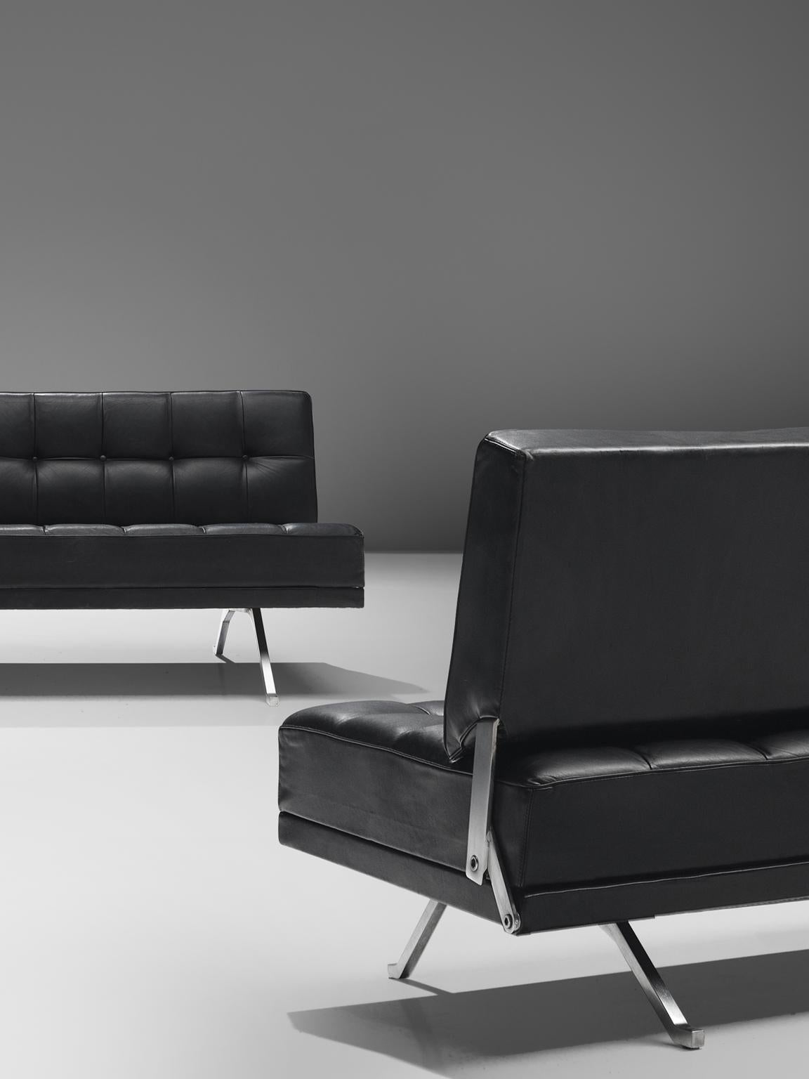 Brushed Johannes Spalt Pair of 'Constanze' Sofa in Black Leather