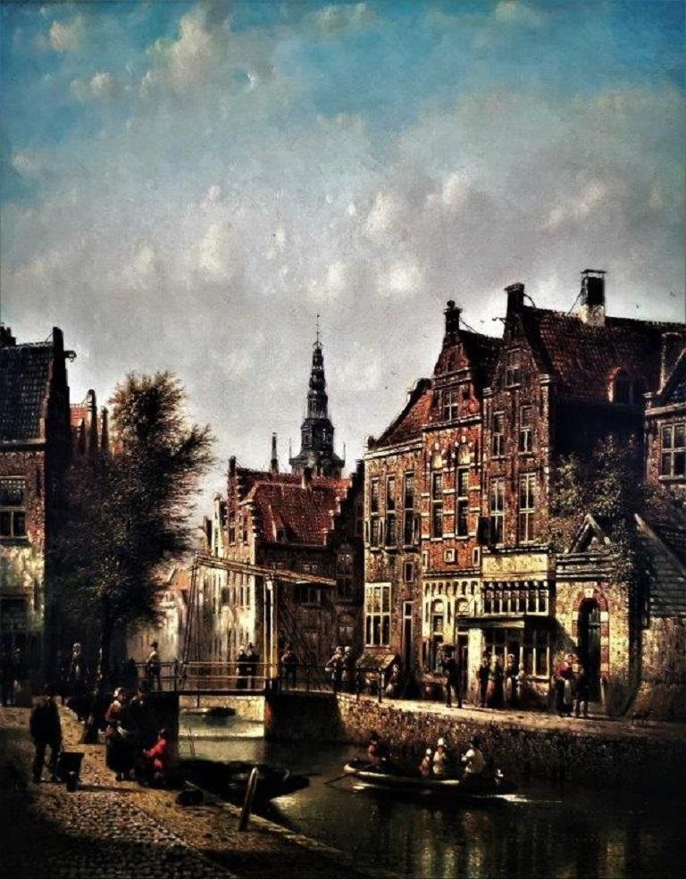 "Street Scene”, Amsterdam canal landscape, architecture, figures, oil on canvas