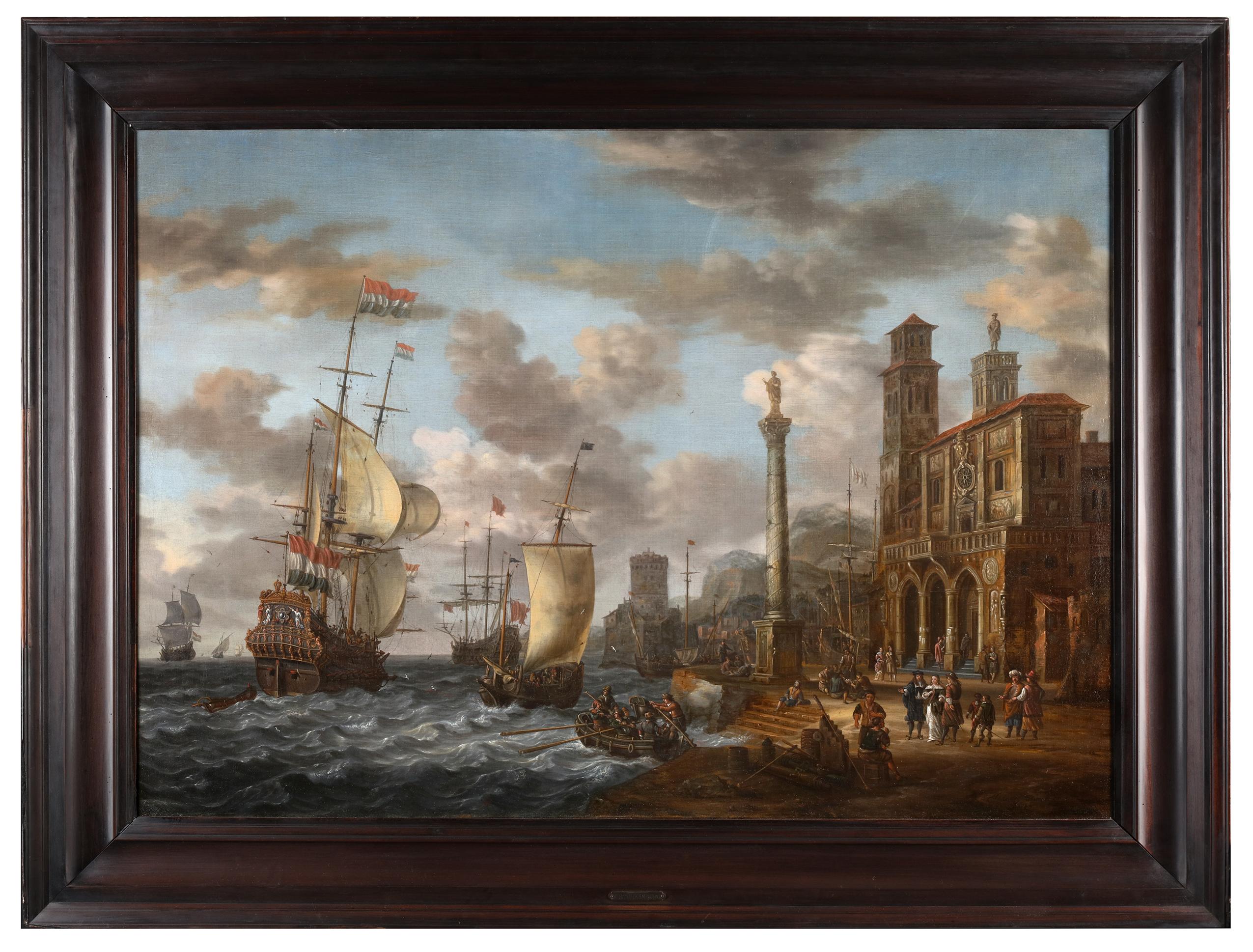 Vue d'un port italien animé - Johannes Sturckenburgh (1603-1663) en vente 1