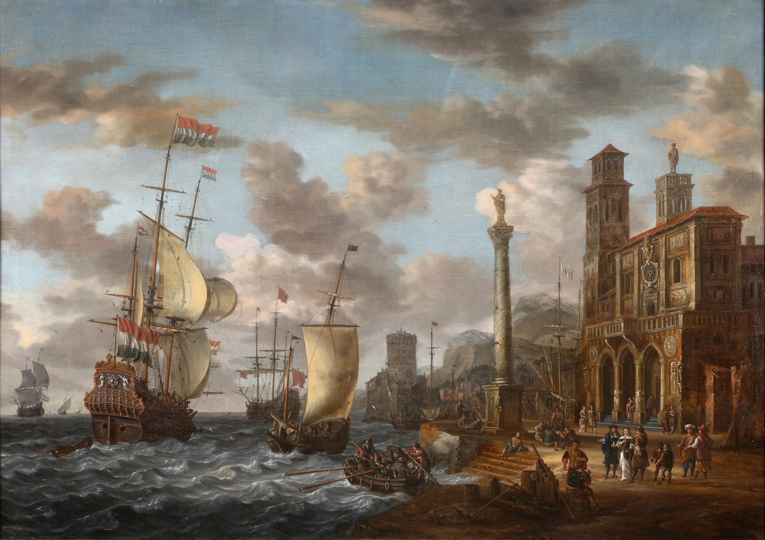 Oil on canvas
 Signed lower right: “Johannes van Sturckenburgh,”

Johannes Sturckenburgh’s “View of an Animated Italiante harbour,” is a piece that transports viewers to a picturesque and bustling Mediterranean coastal scene.  This scene shows a