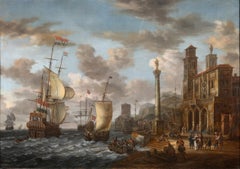Antique View of animated Italianate harbour - Johannes Sturckenburgh (1603-1663)