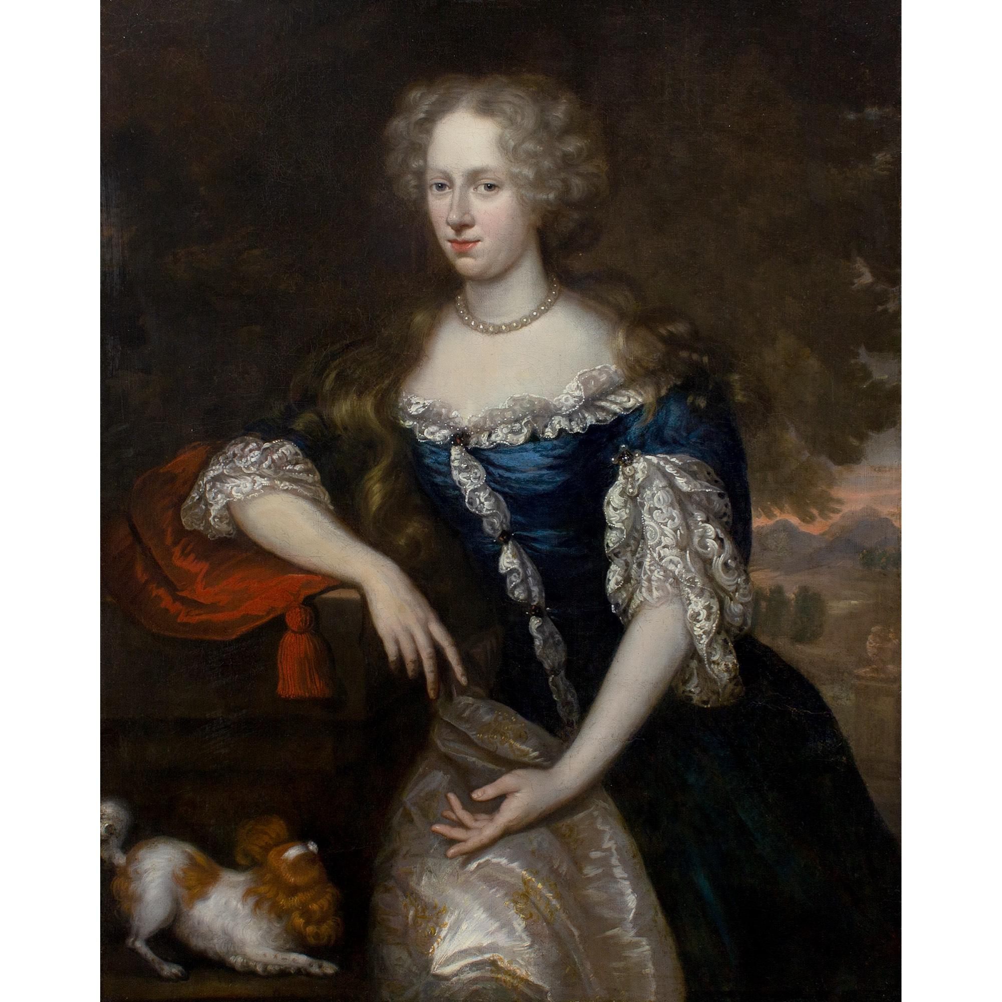 Johannes Vollevens I, Portrait Of A Lady In A Rich Blue Gown With A Spaniel 1