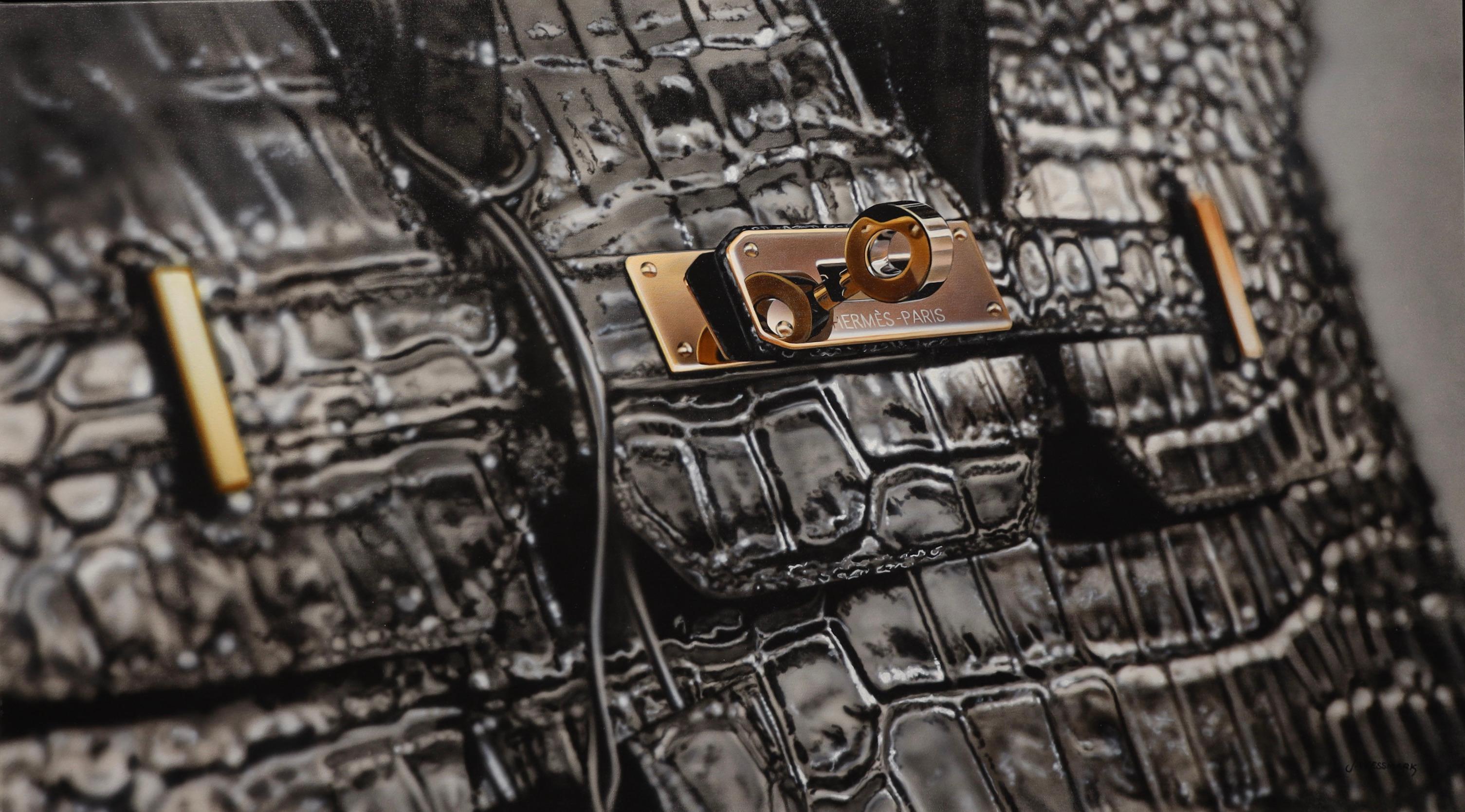 Hermes Birkin Black - Peinture hyperréaliste - Réalisme Painting par Johannes Wessmark
